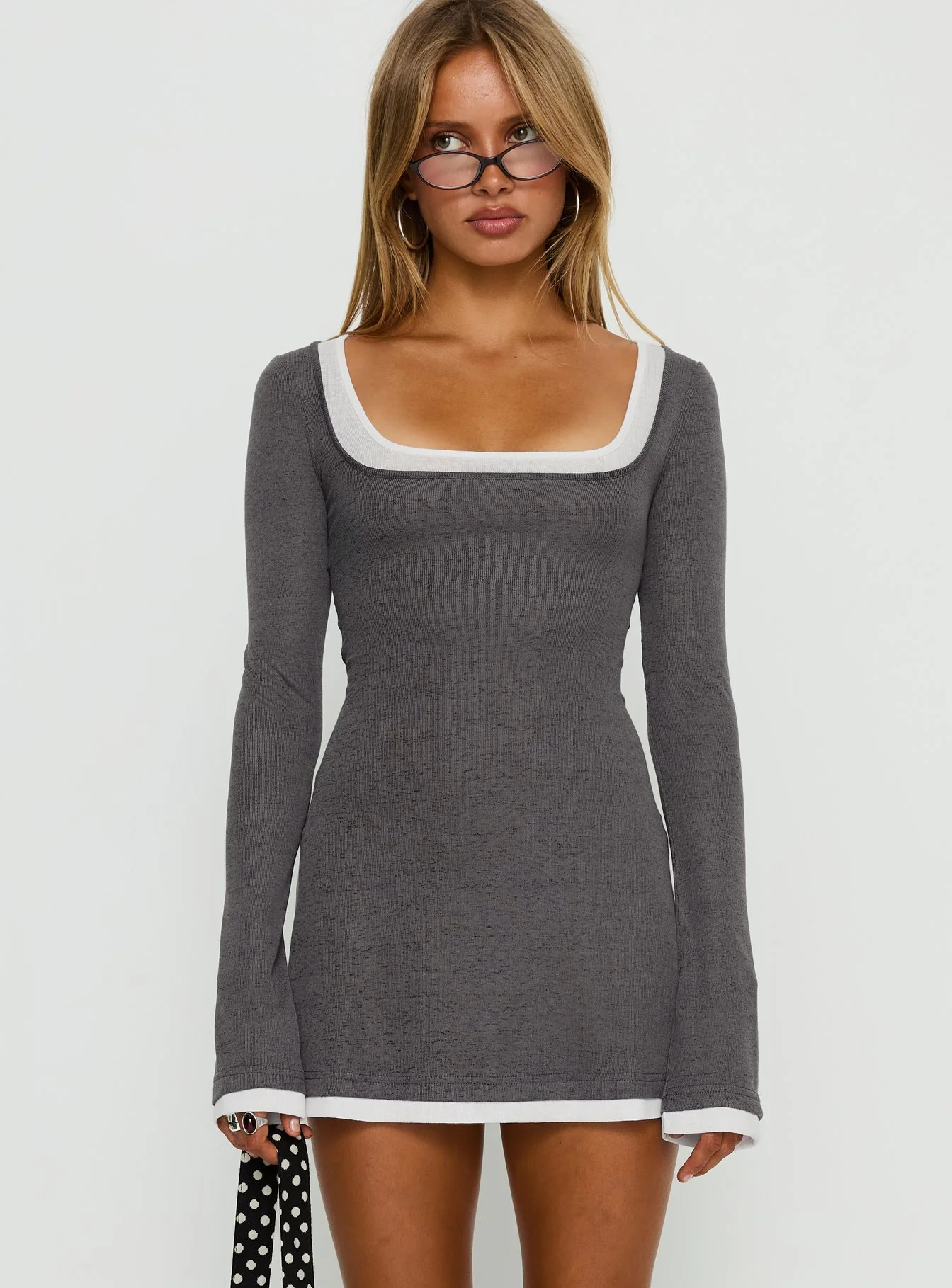 Adoree Long Sleeve Layered Mini Dress Grey / White