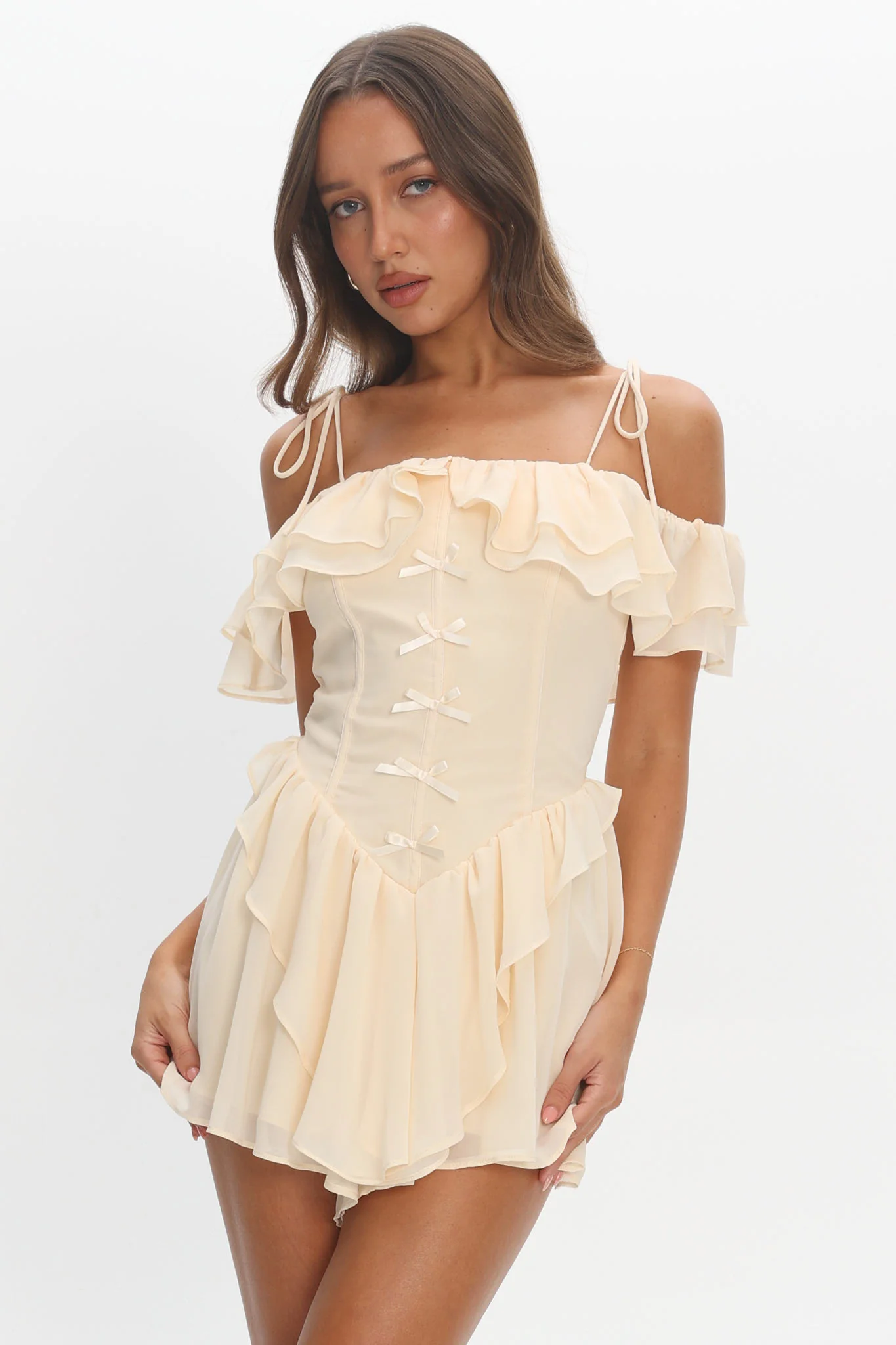 Scarlet Off-Shoulder Ruffle Romper Dress Butter