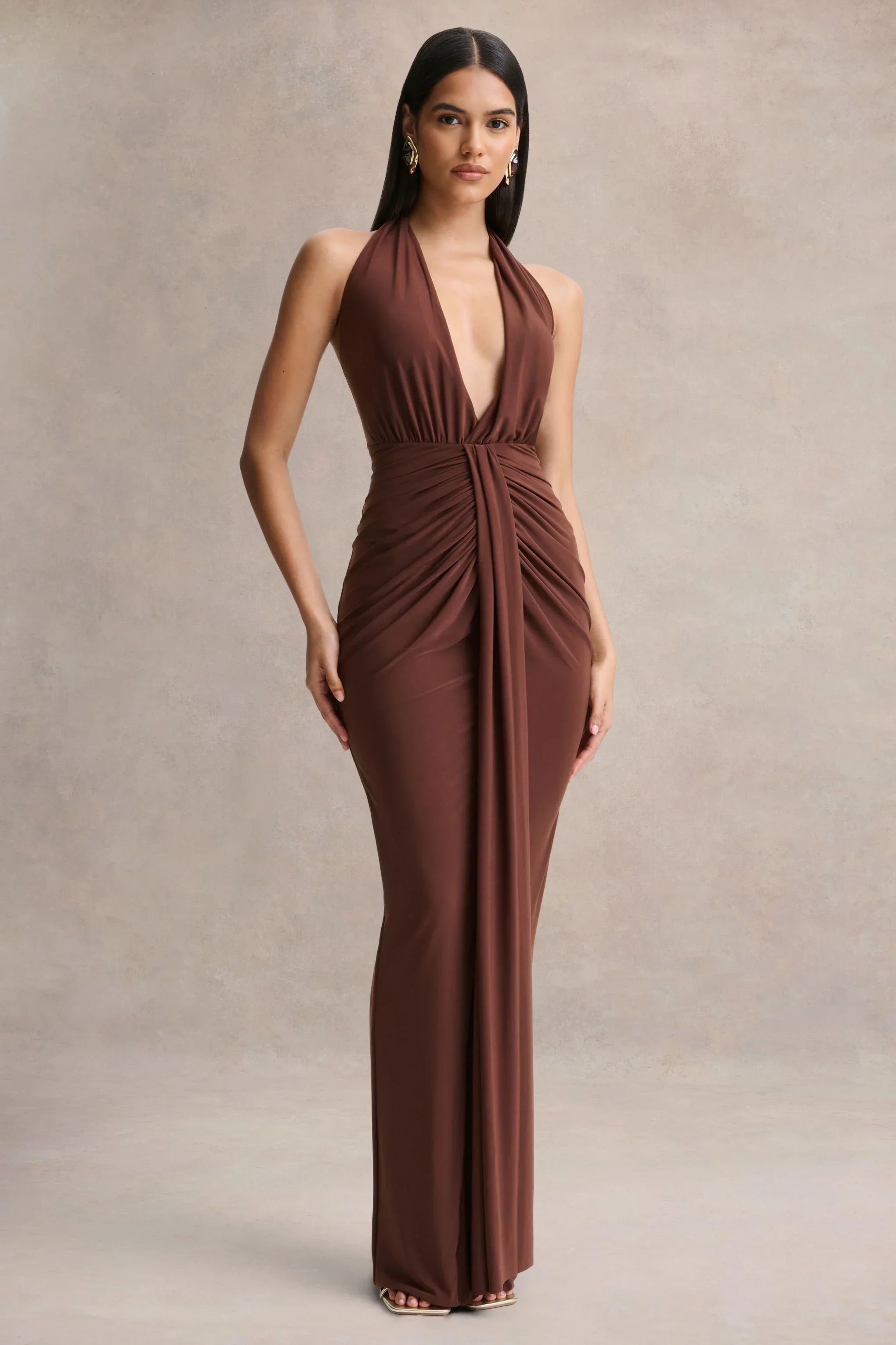 Lesley | Brown Plunge-Neck Maxi Dress