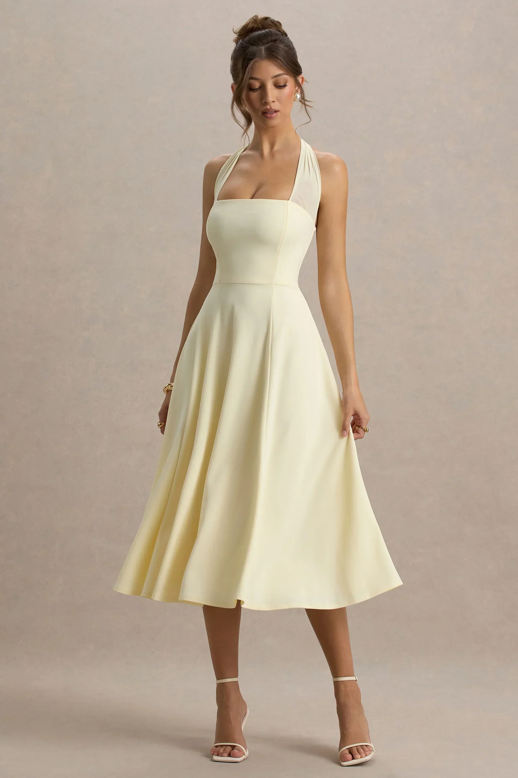 Auburn | Pale Lemon Halter-Neck Midi Dress