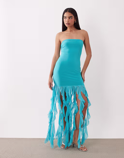 Kaiia exclusive textured mesh strapless ruffle hem maxi dress in turquoise
