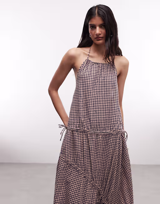 COLLUSION high neck channel detailing midi dress in pink gingham