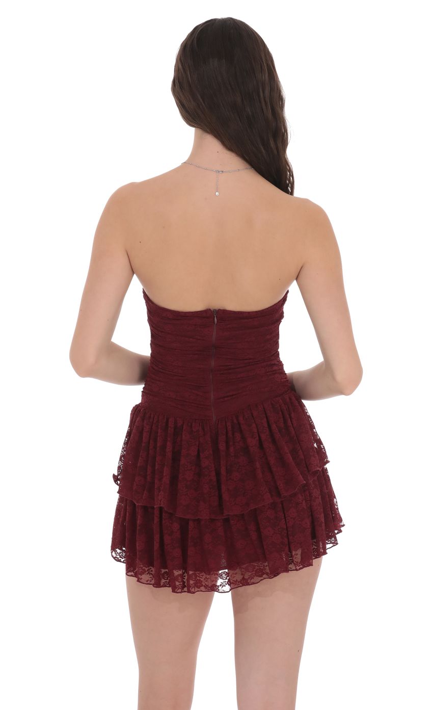 Lace Strapless Ruched Ruffle Dress in Burgundy - luluinthesky