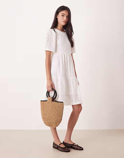 JDY tiered eyelet mini dress in white