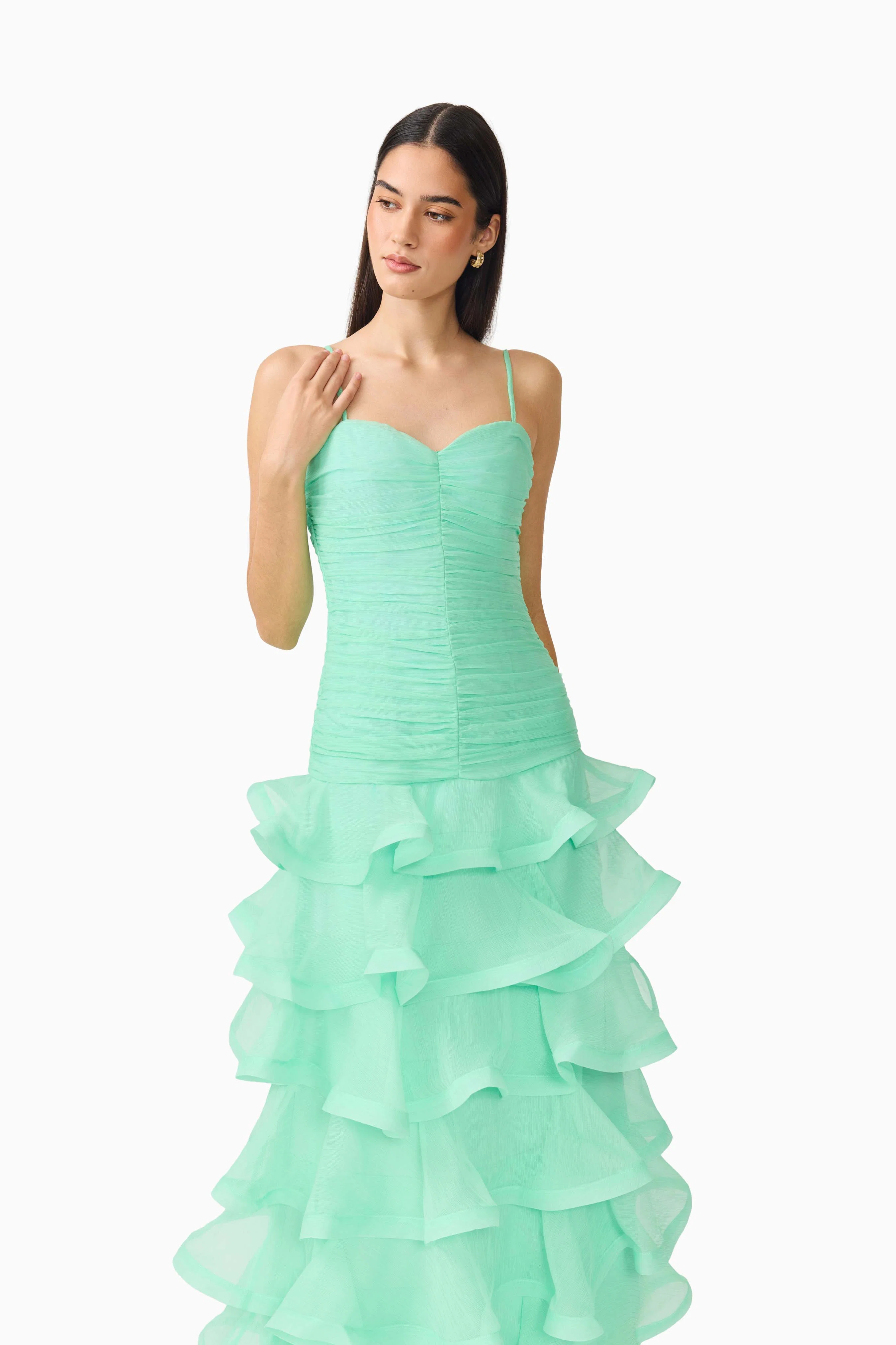Evelin Tiered Gown in Mint Green