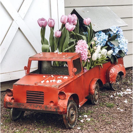 HUGE *48 Inch* Distressed Metal Red Truck with Trailer