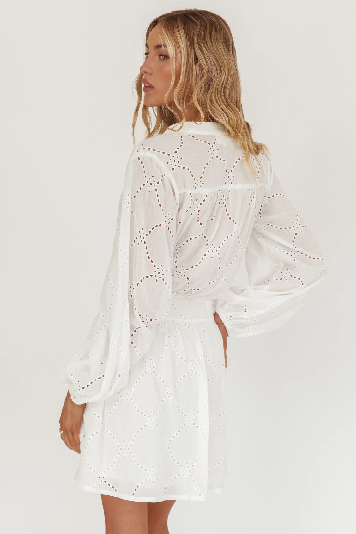 Flossy Eyelet Overlay Tie Mini Dress White
