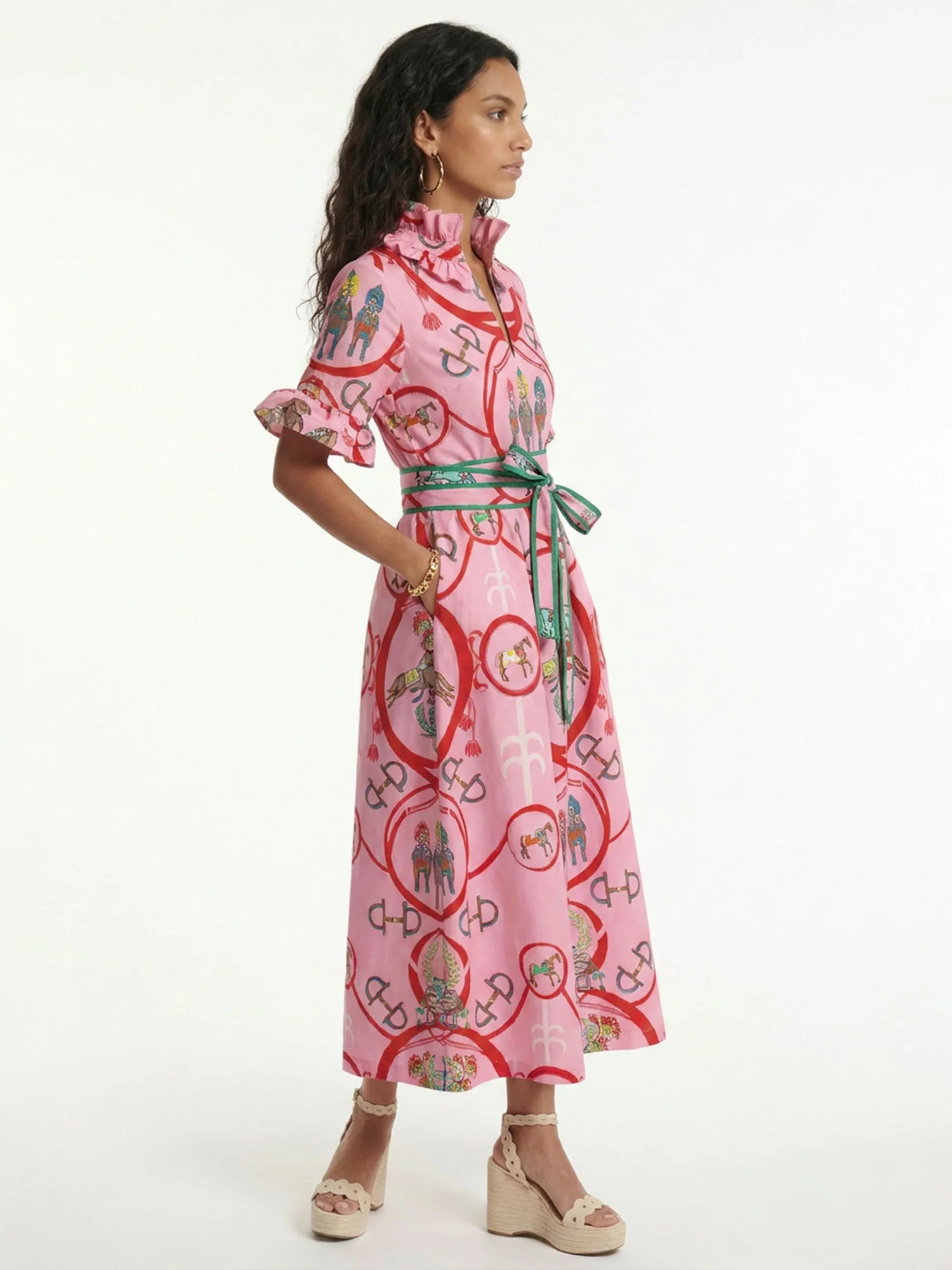 Vibrant Pink Equestrian Print Midi Dress