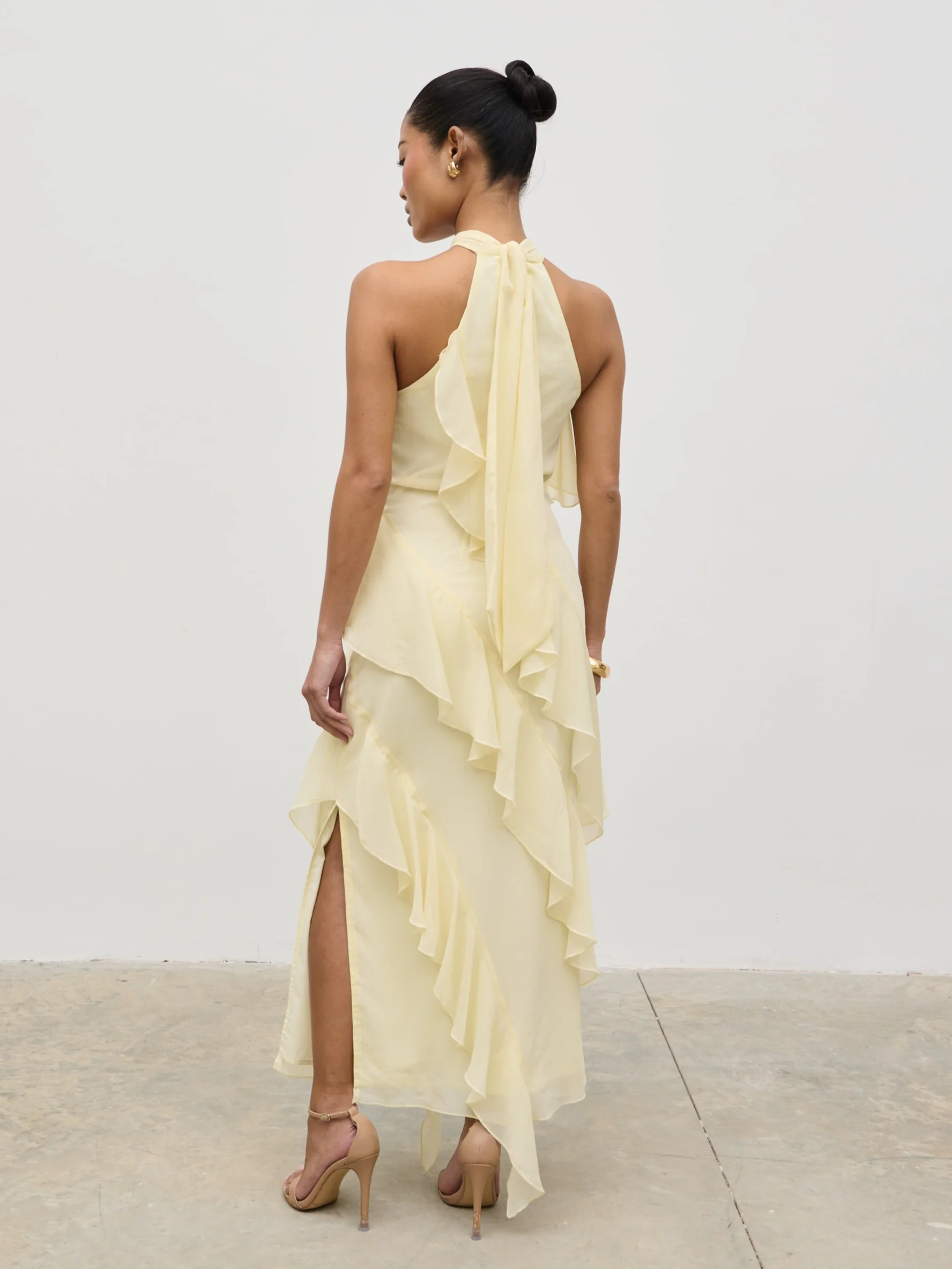 Aria Halterneck Ruffle Midaxi Dress - Lemon
