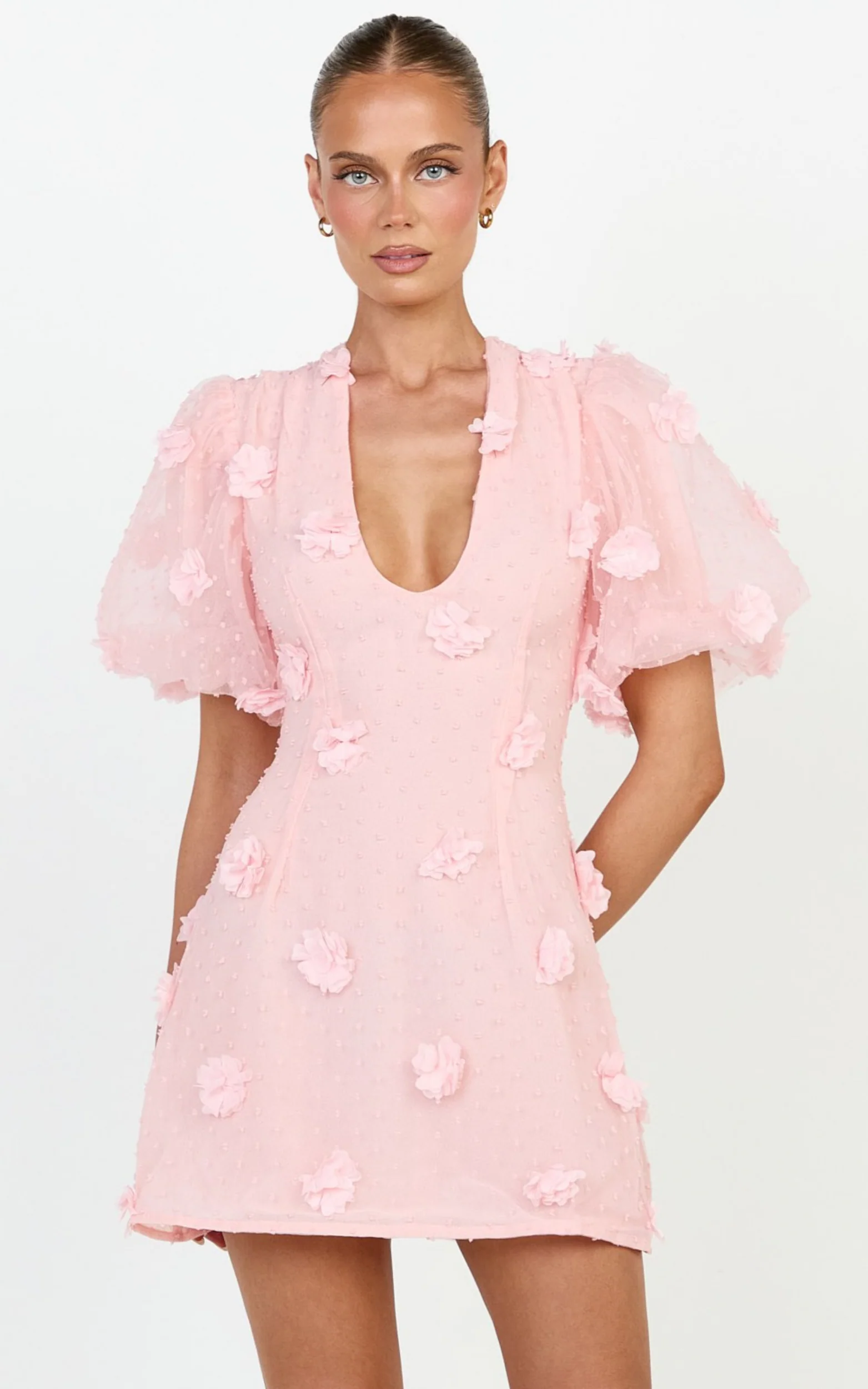 Azalea Mini Dress - Puff Sleeve 3D Floral A Line Dress in Pale Pink