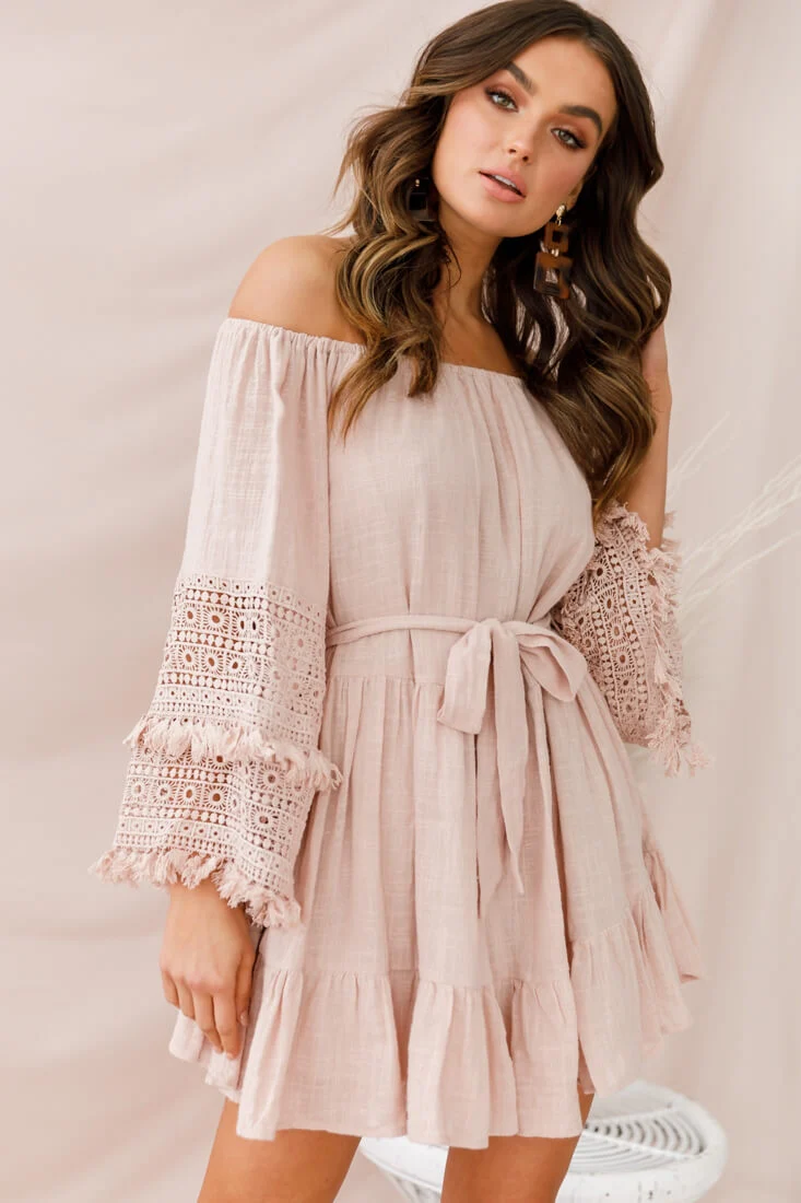 Mona Off-Shoulder Embellished Sleeve Dress Mocha