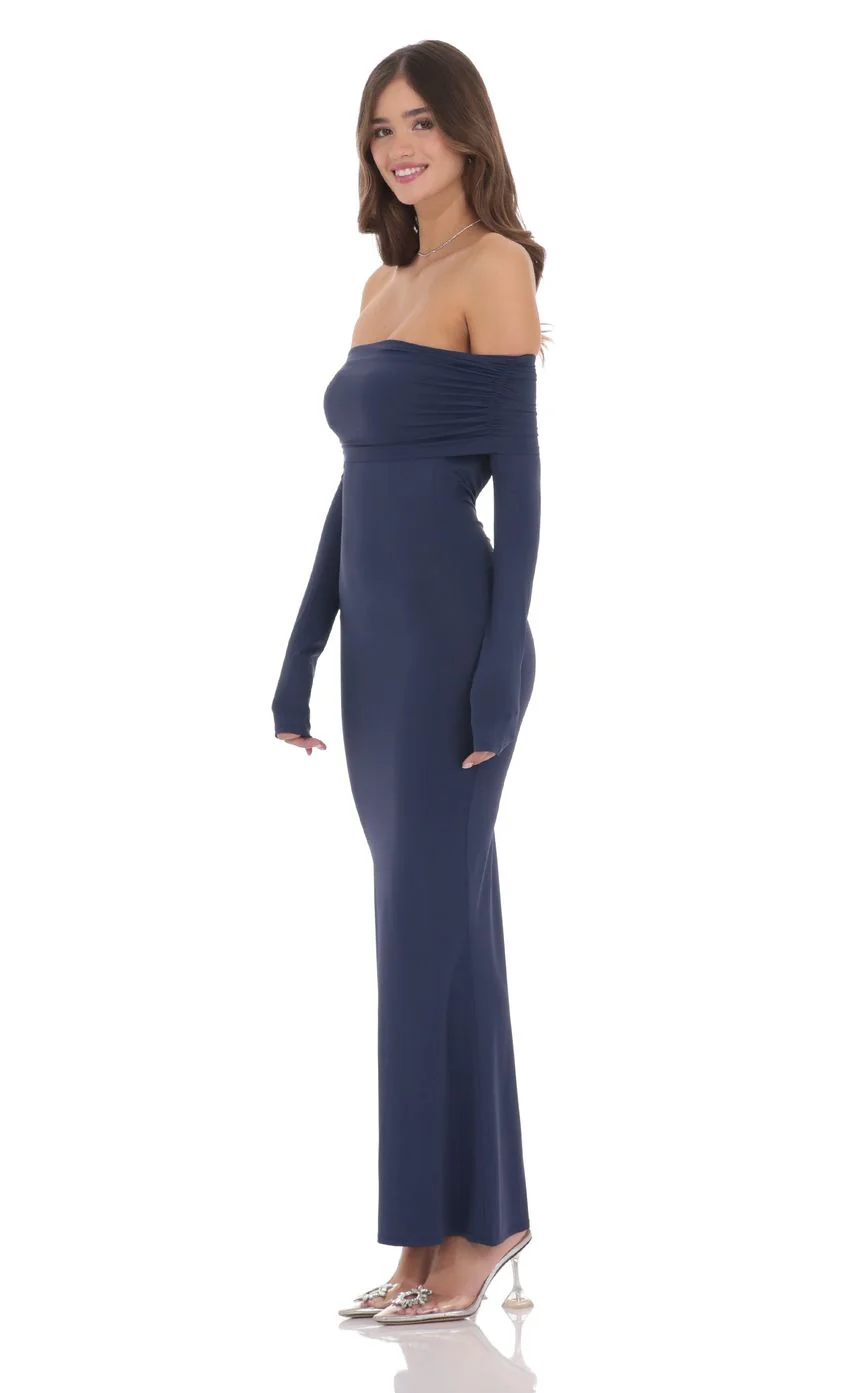 Off Shoulder Open Back Maxi Dress in Navy - luluinthesky