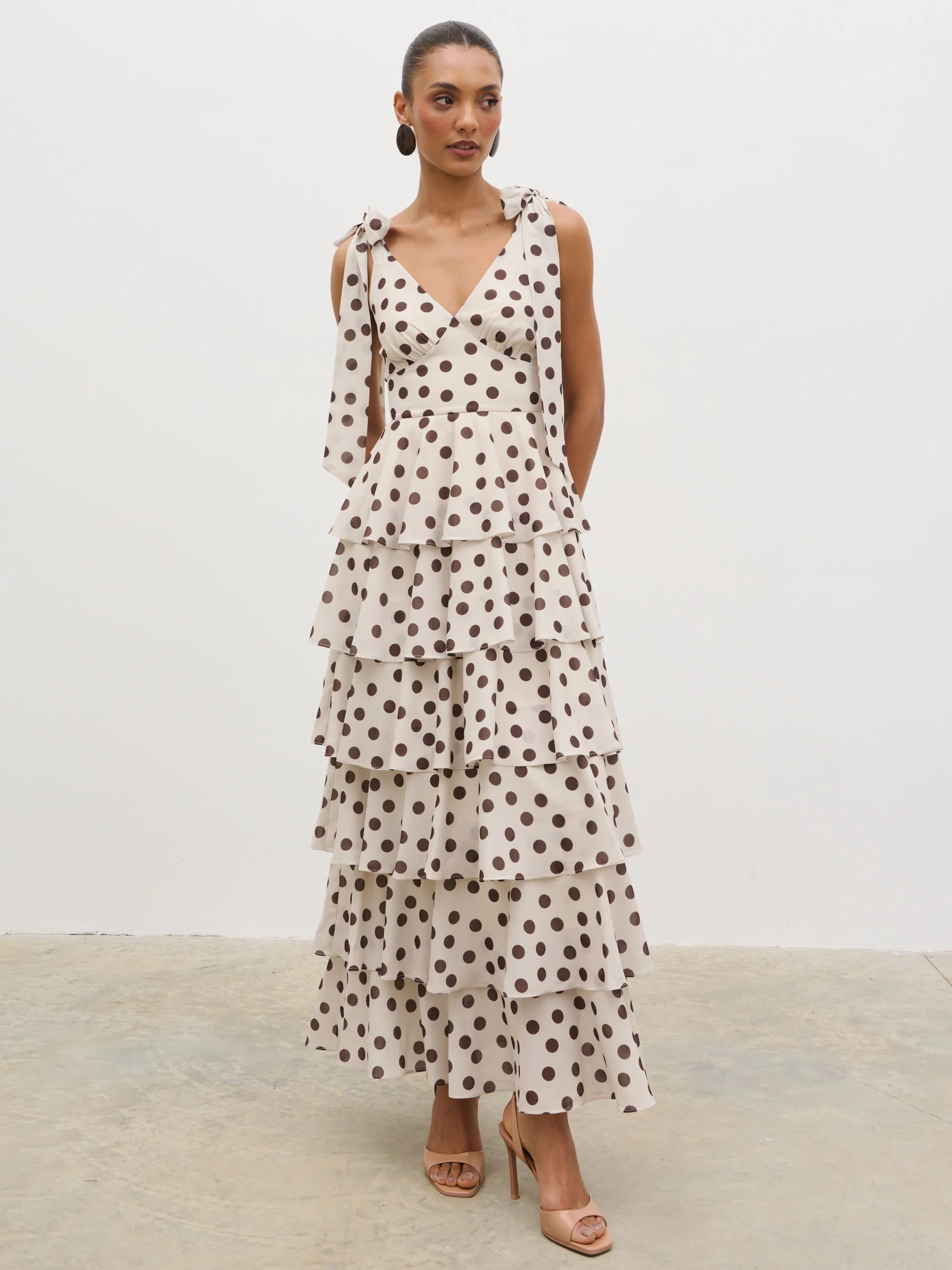 Fiore Tie Ruffle Maxi Dress - Large Brown and Cream Polkadot