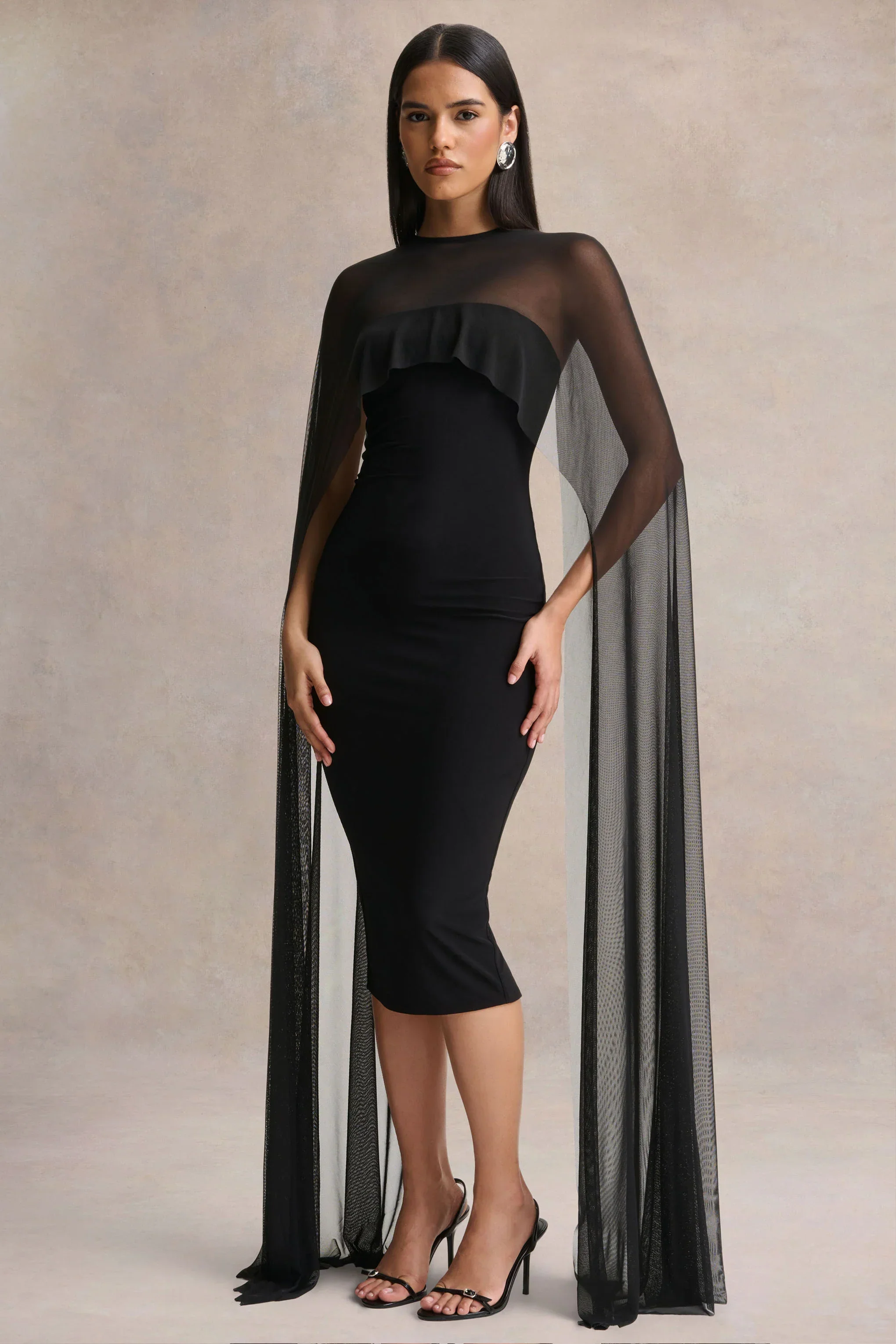 Filippa | Black Crew-Neck Midi Dress With Sheer Cape-Sleeves
