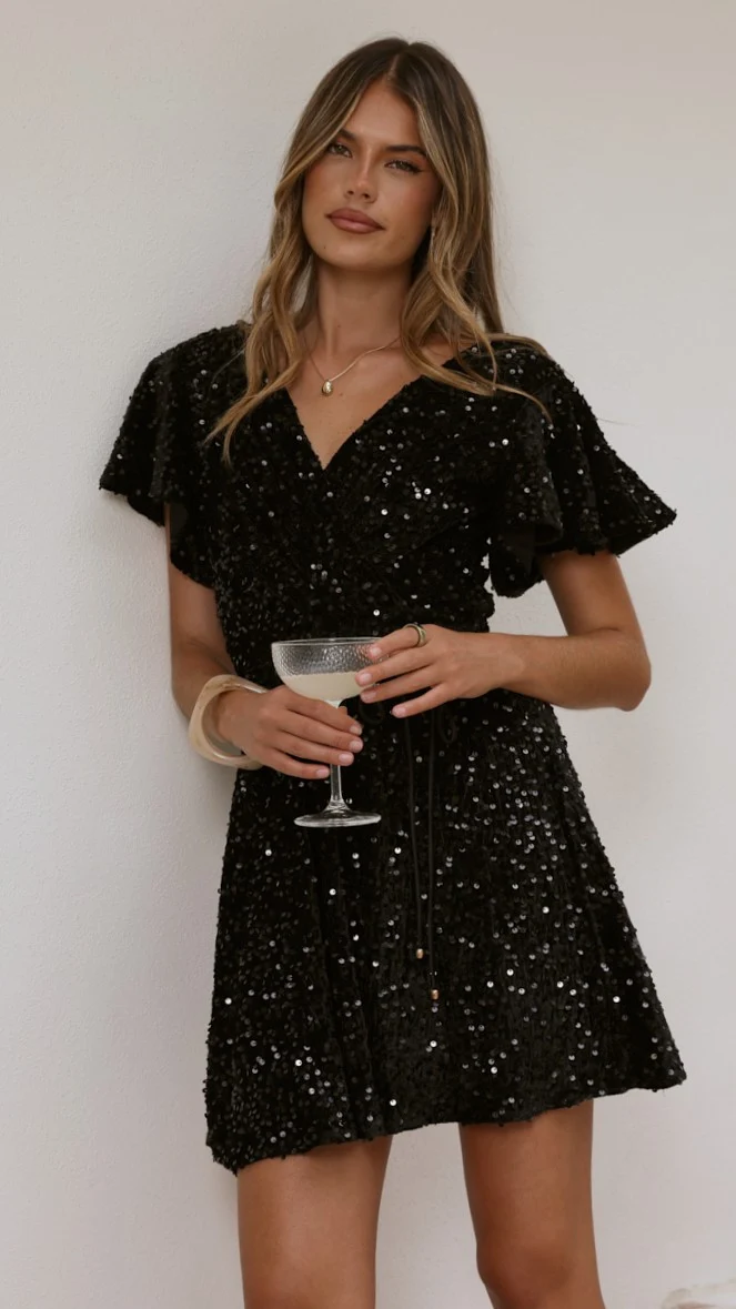 Zinnia Sequins Mini Dress - Black Sequins - FASHION NOB