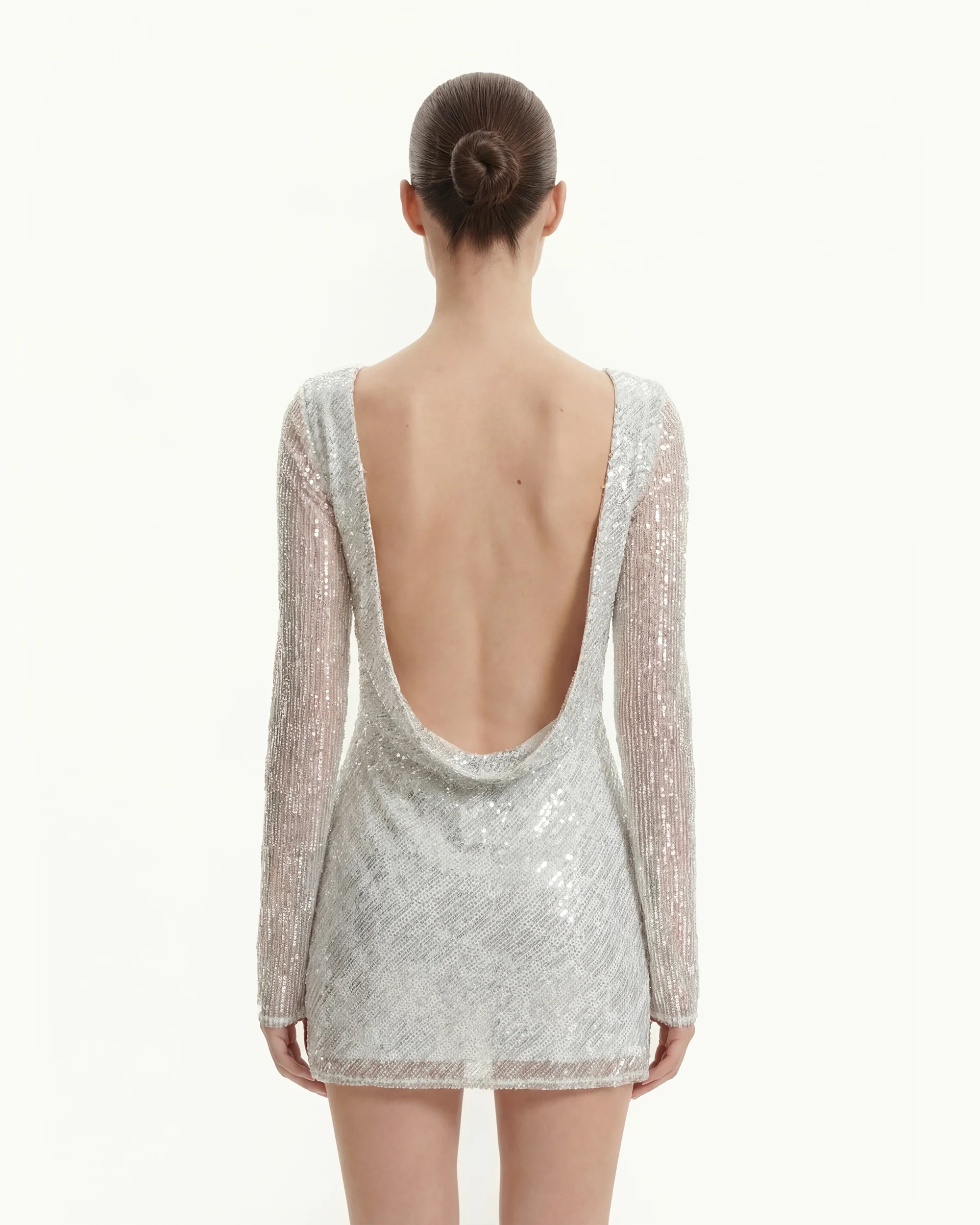 Diagonal Sequin Open-Back Long Sleeve Mini Dress - White - FASHION NOB
