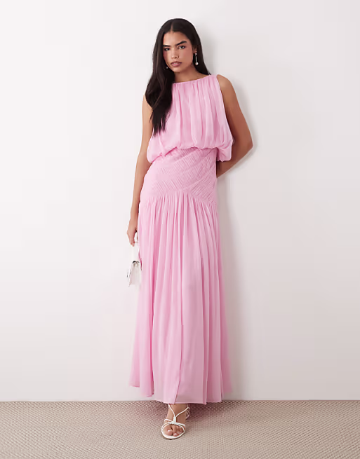 draped gauged ruched waist detailing maxi dress in pink