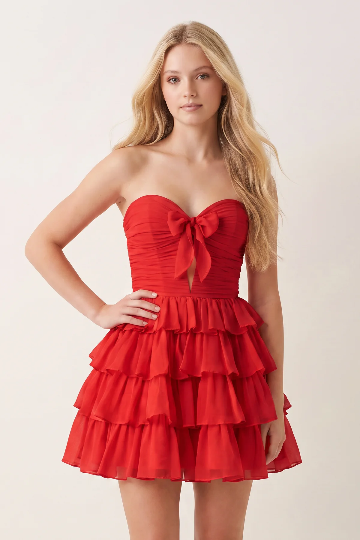Yellow Strapless A Line Chiffon Ruffled Cocktail Dresses With Bow