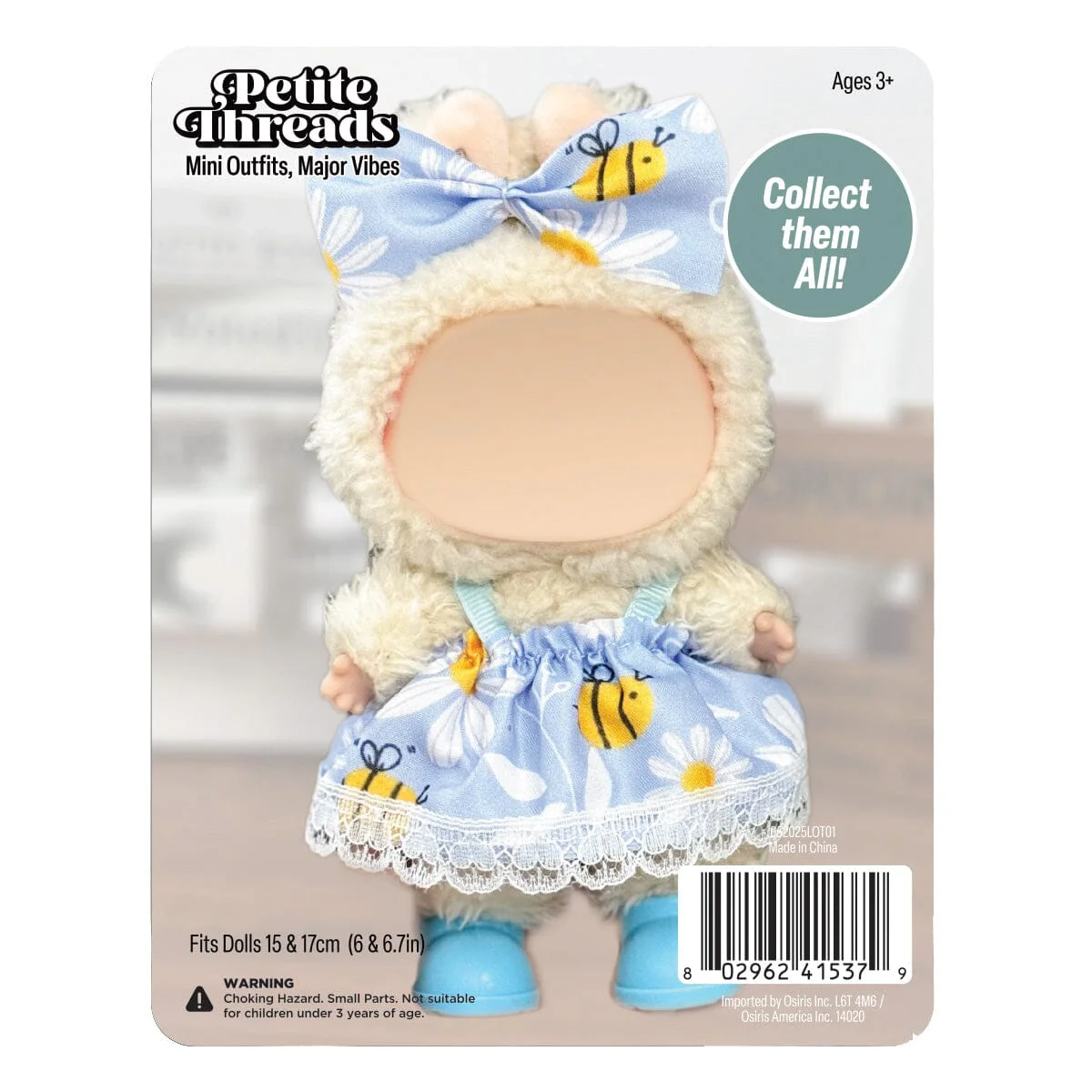 Outfit: Blue Bee Print Dress & Bow for Dolls - Petite Threads