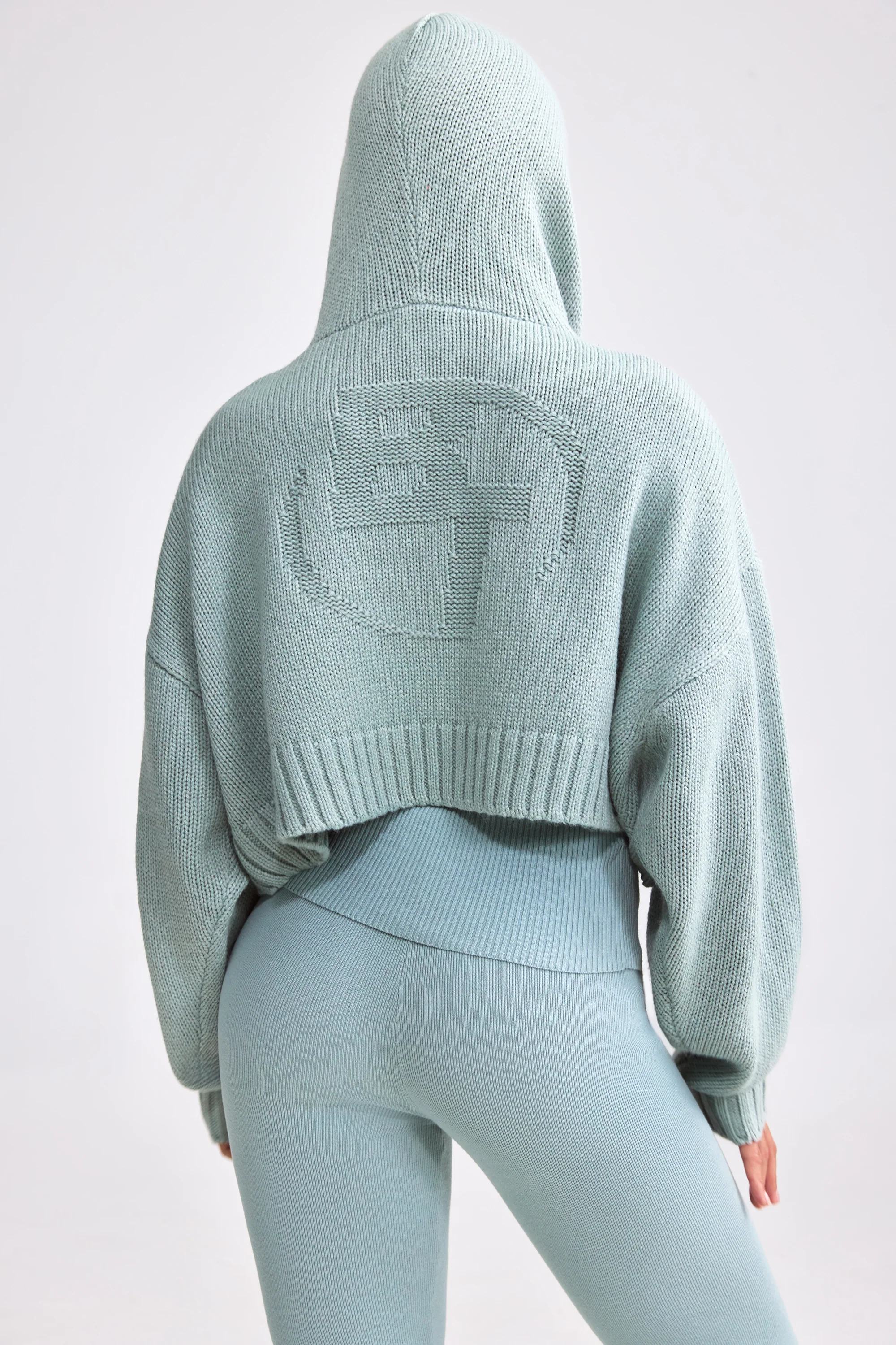 Chunky Knit Zip-Up Cropped Hoodie in Dusty Teal