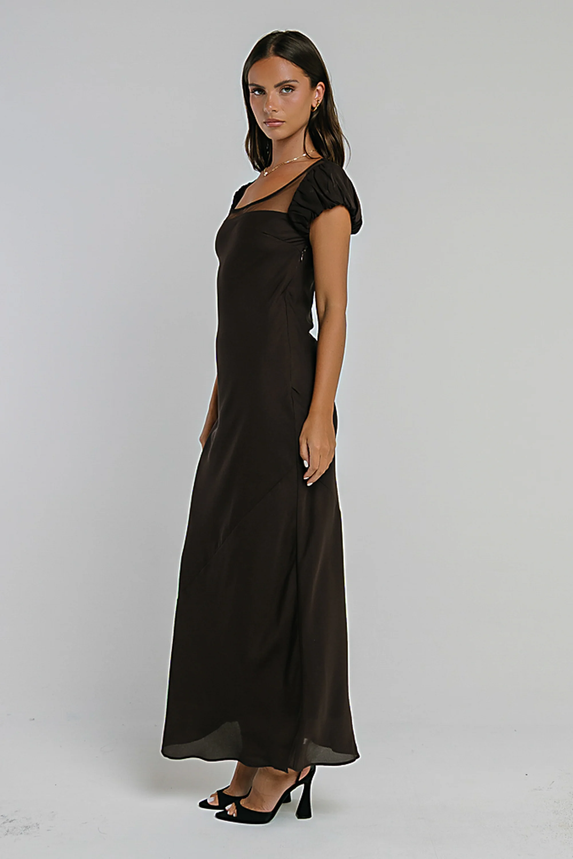 Ellie Mesh Maxi Dress in Brown