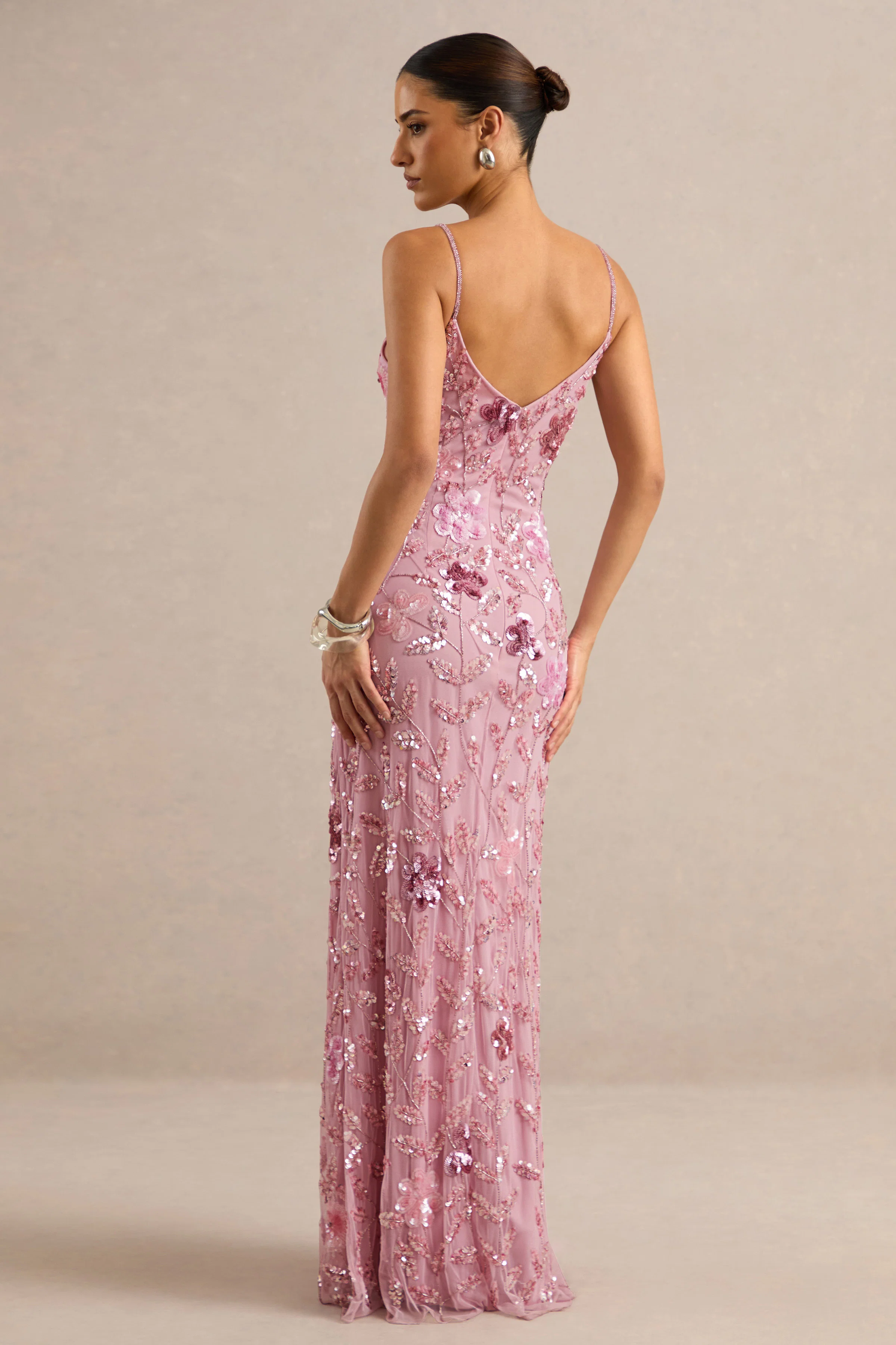 Gemini | Pink Embellished Strappy Maxi Dress - FASHION NOB