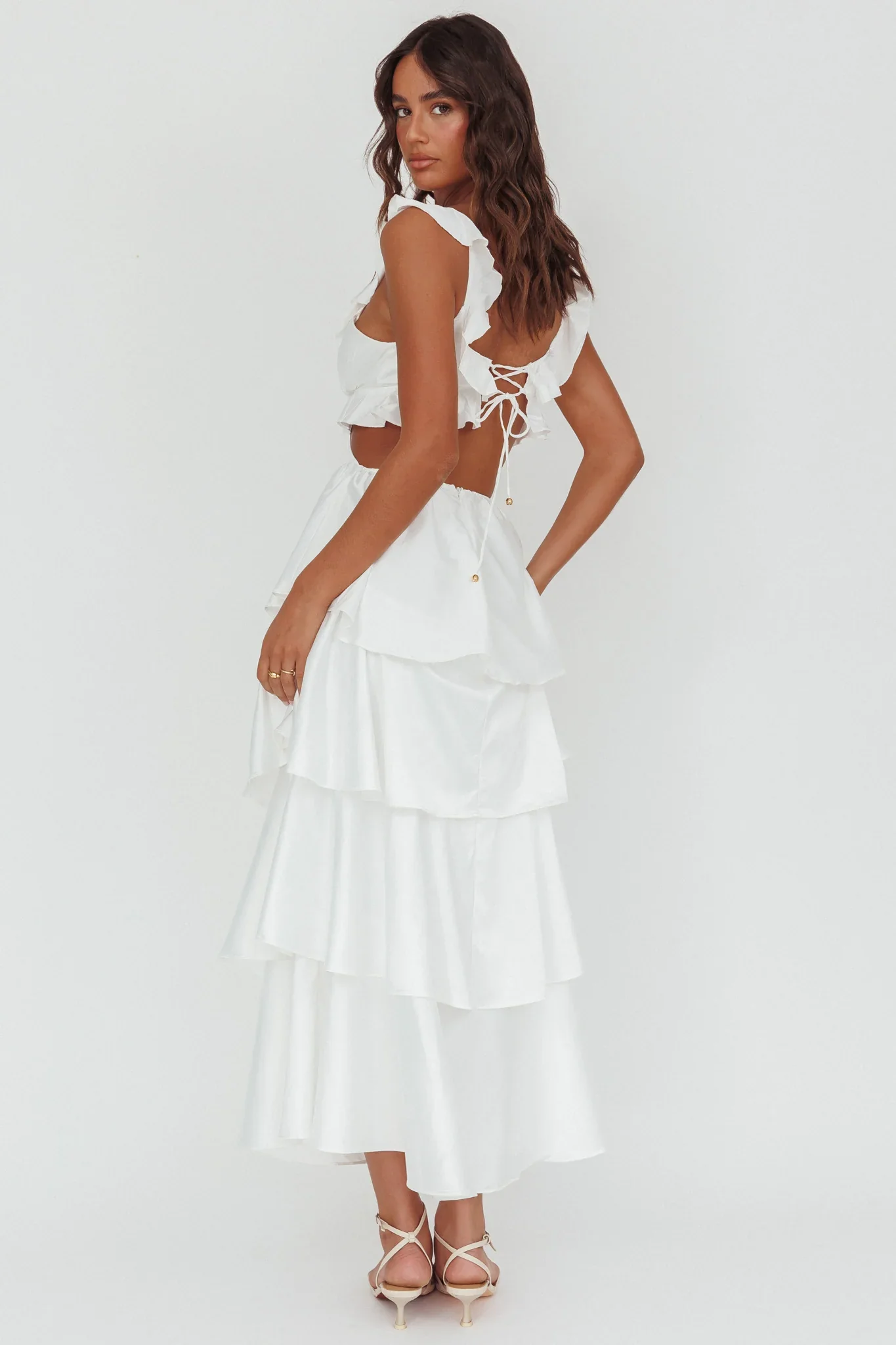 Catalina Tiered Ruffle Cut-Out Maxi Dress White