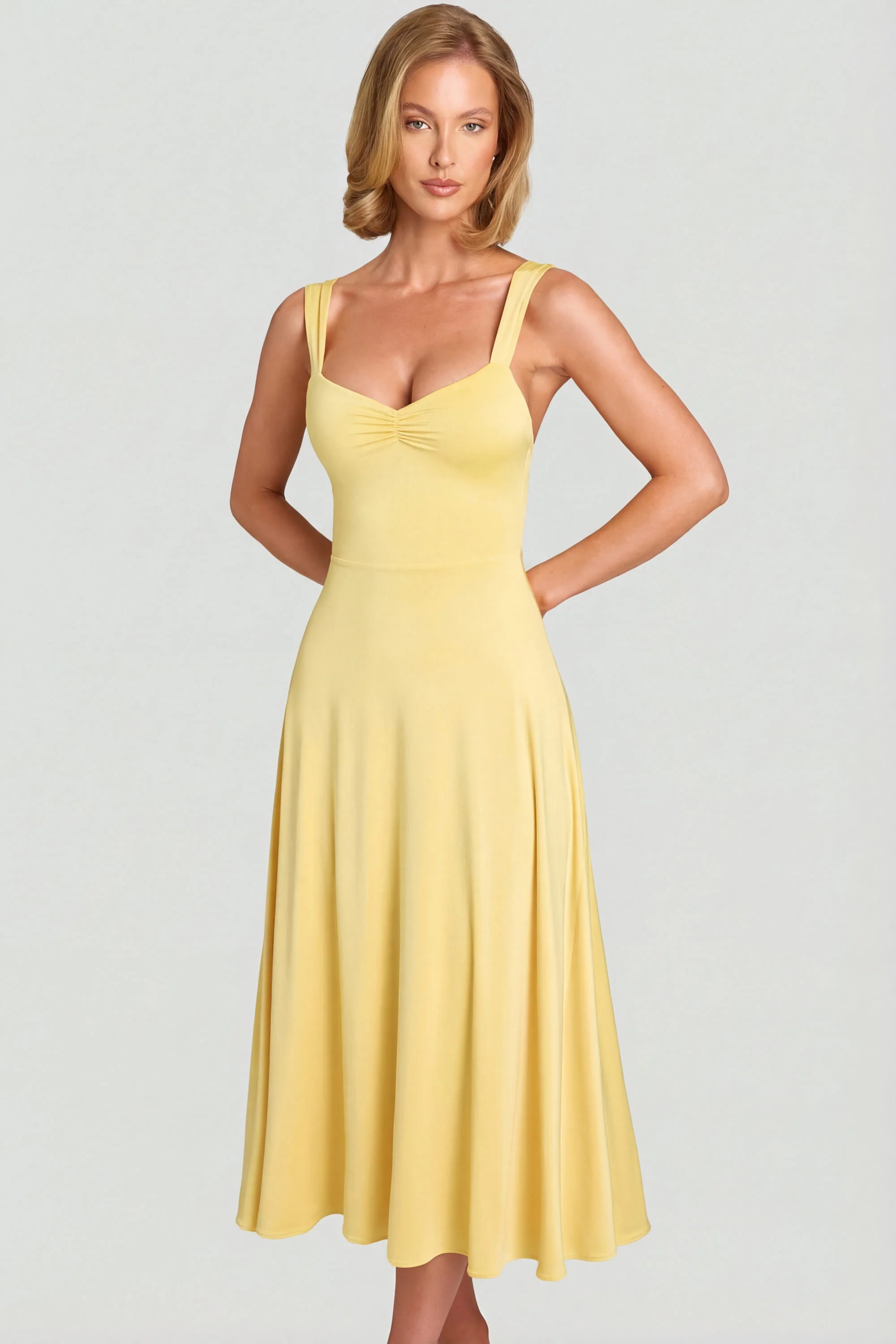 Sweetheart-Neck Ruched Midaxi Dress in Pastel Yellow