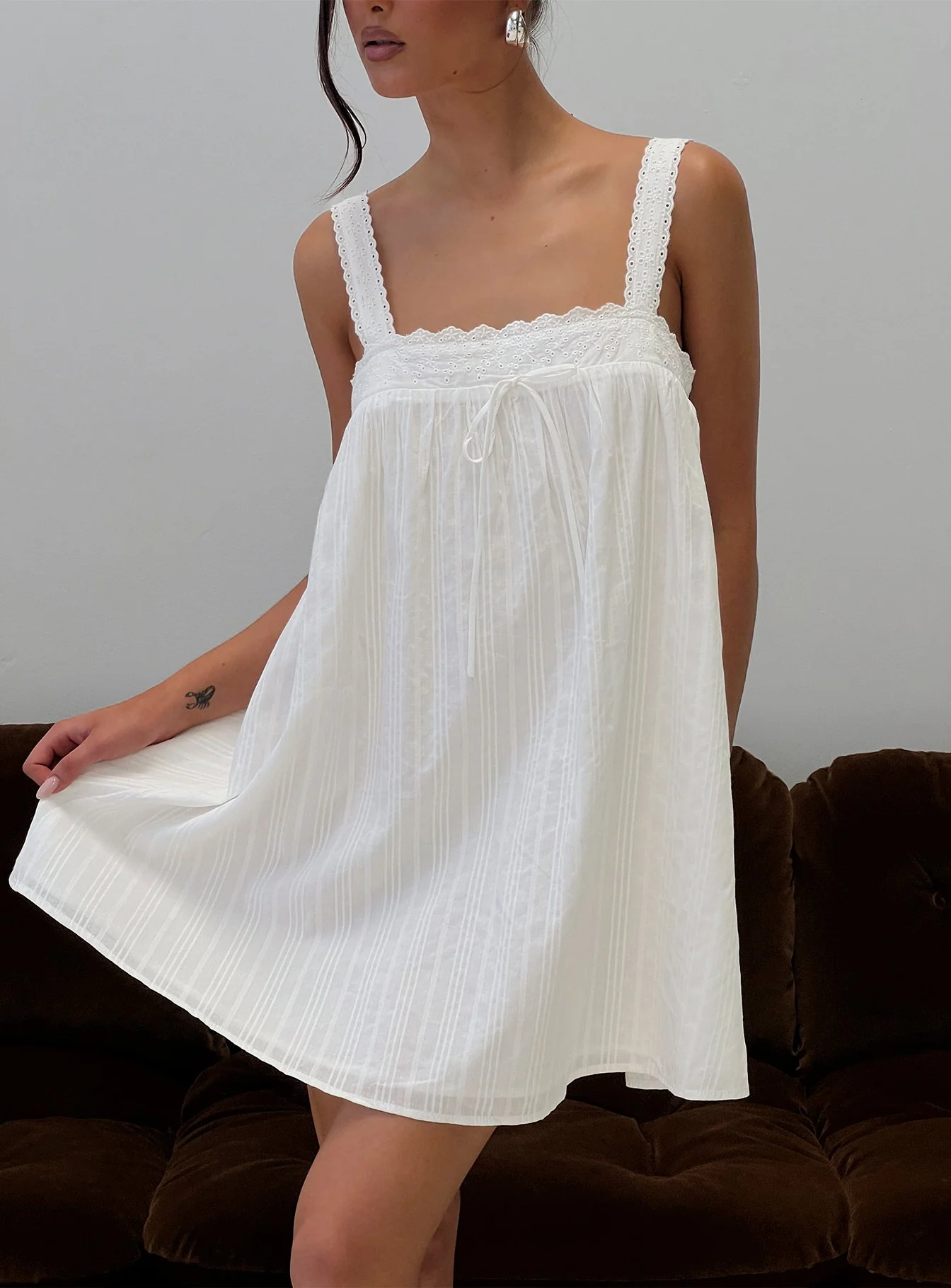Reason To Stay Lace Trim Floaty Mini Dress White