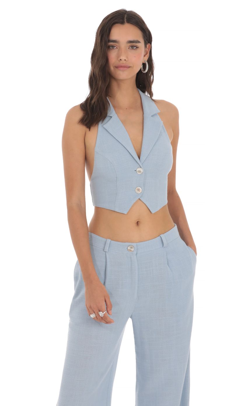 Linen Collared Vest Top in Blue
