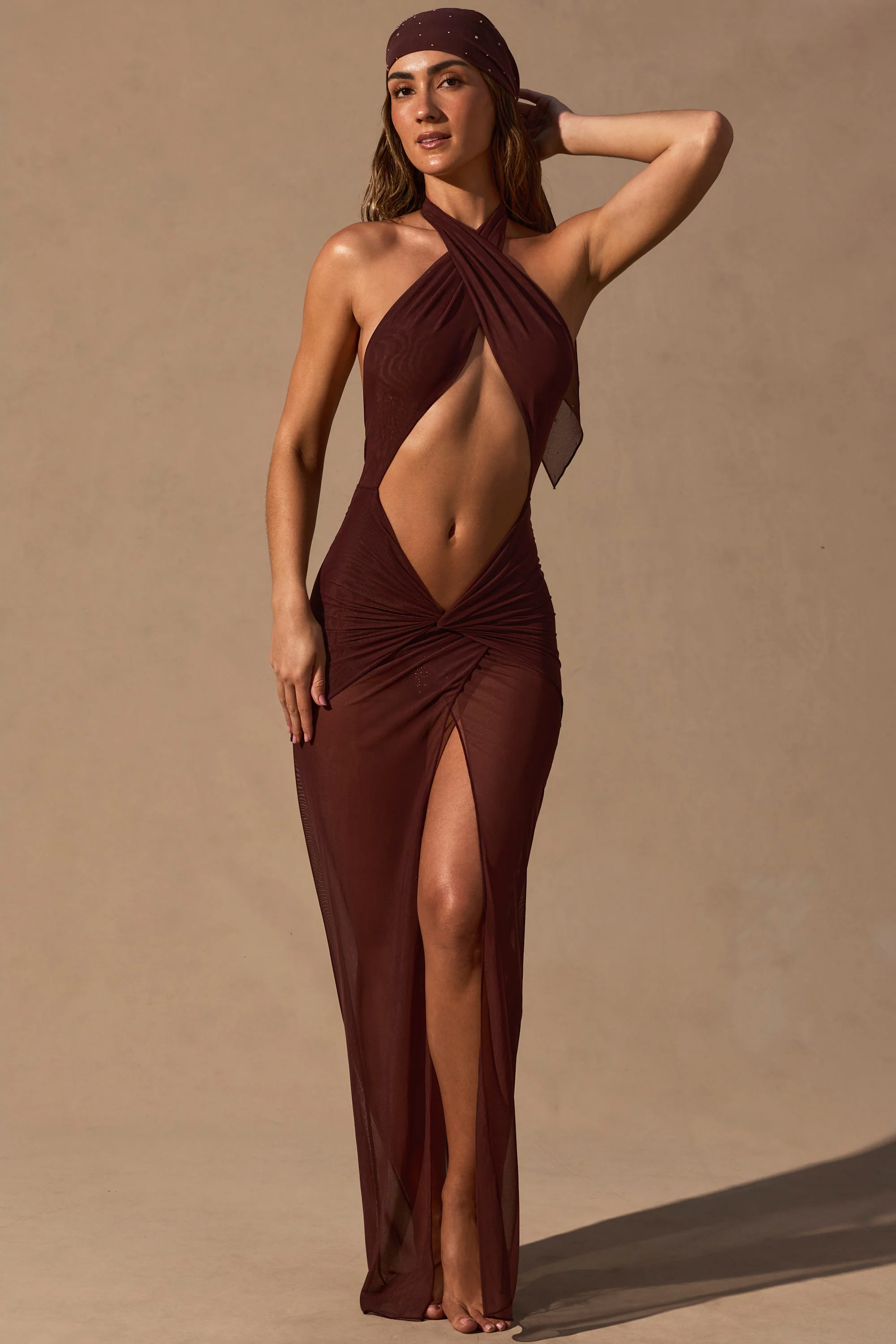 Cut-Out Halterneck Maxi Dress in Espresso Brown