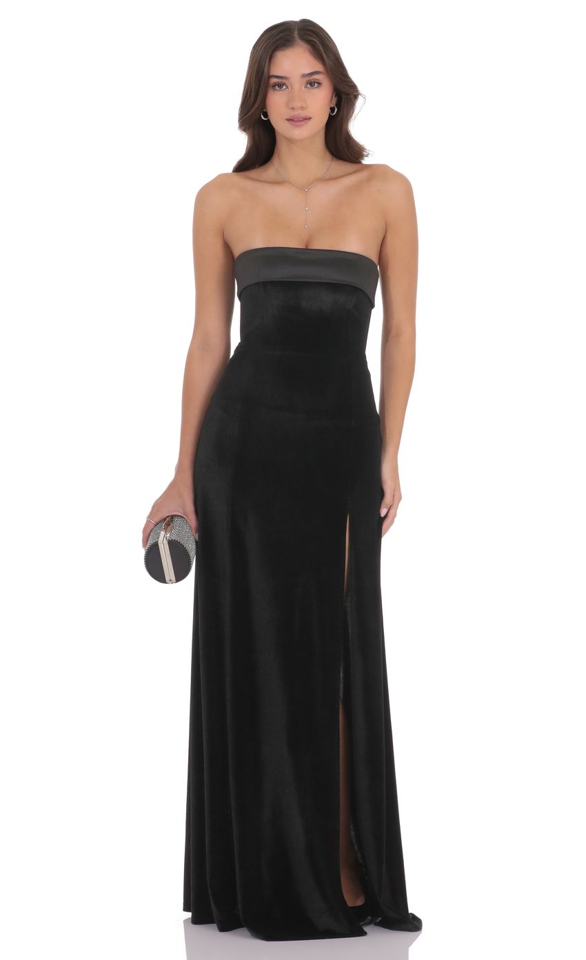 Satin Trim Velvet Strapless Maxi Dress in Black
