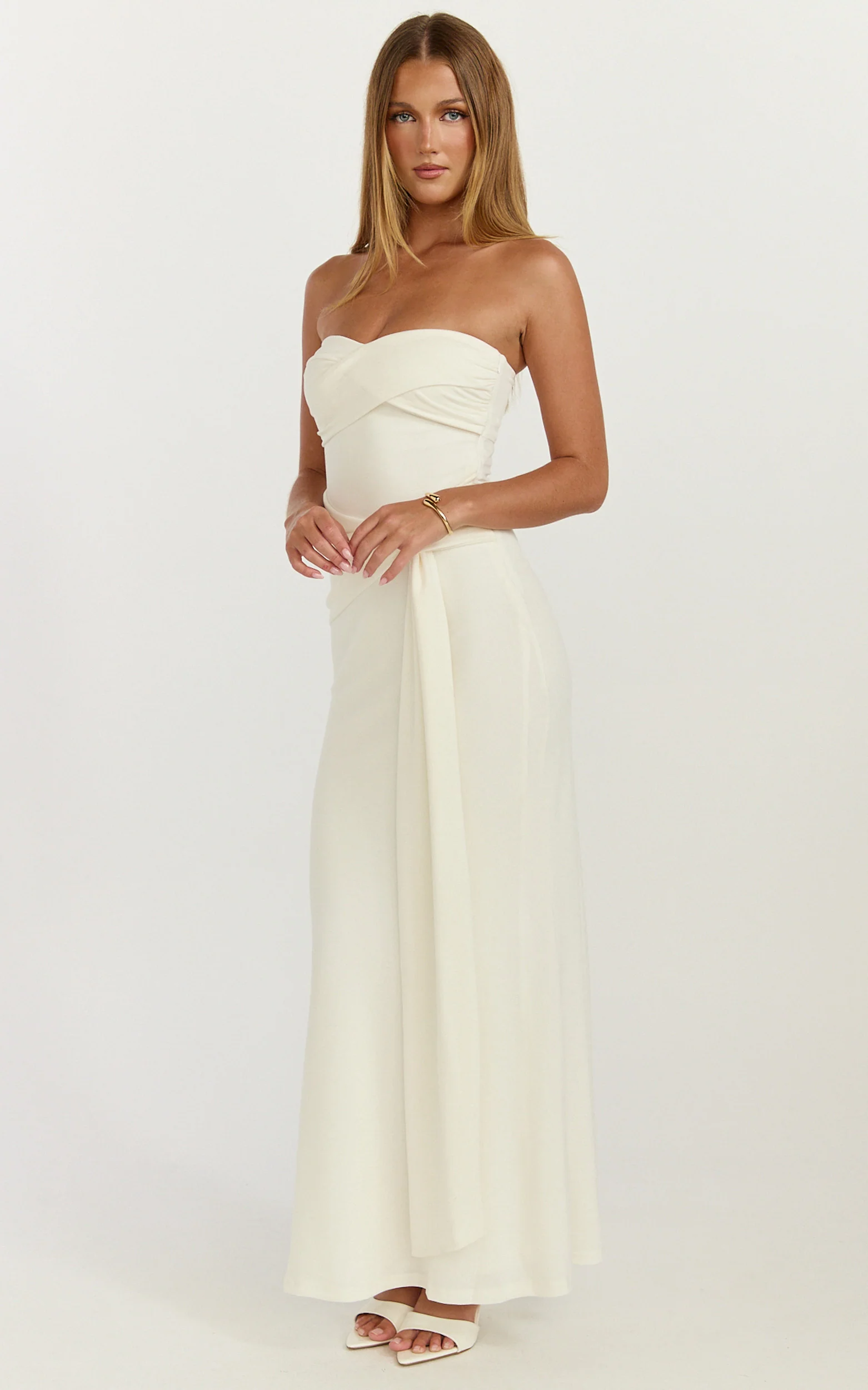 Aria Midi Dress - Strapless Tie Waist Dress in Off White