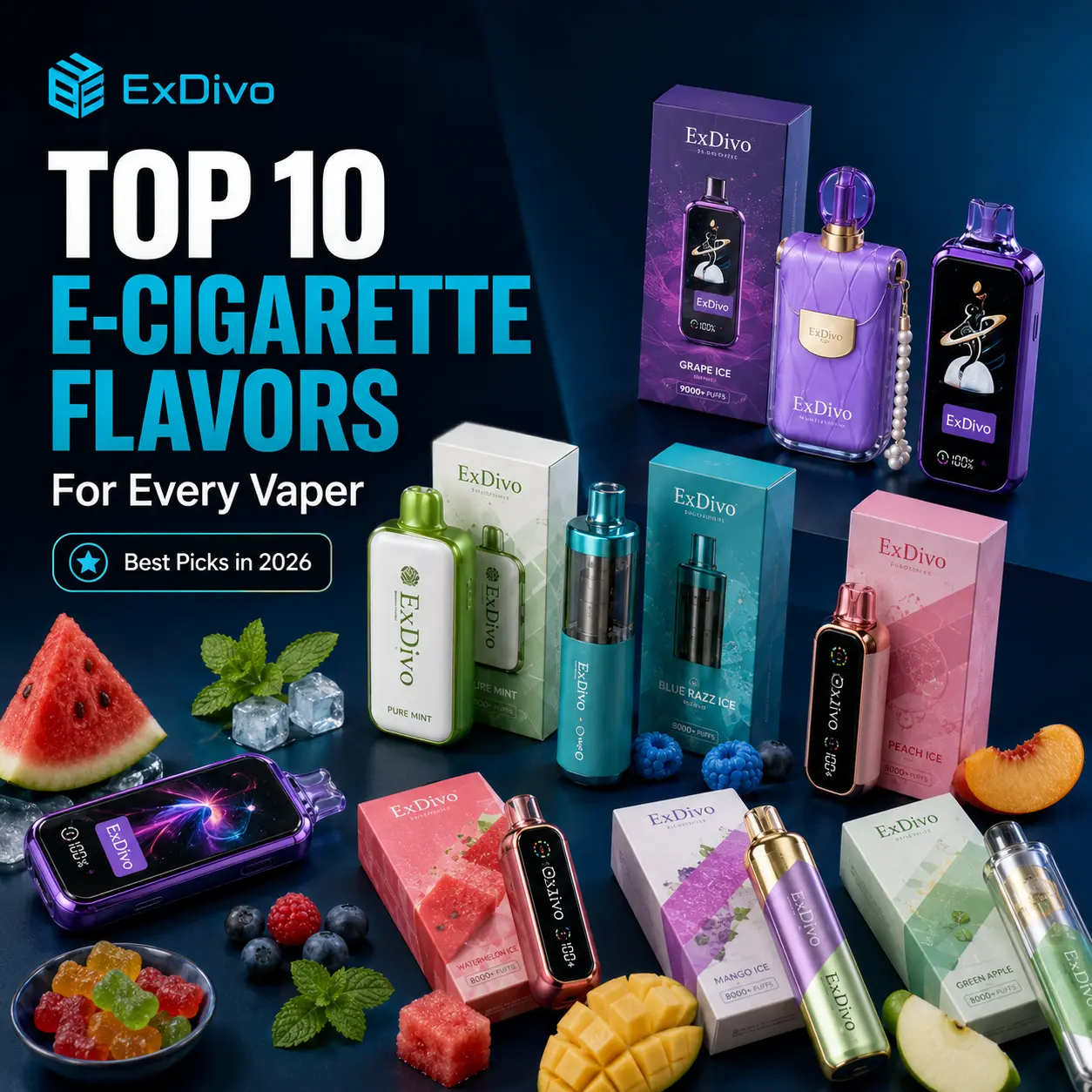 Top 10 e-cigarette flavors cover image featuring ExDivo vape devices, colorful flavor packaging, and fruit-inspired vape flavor selections