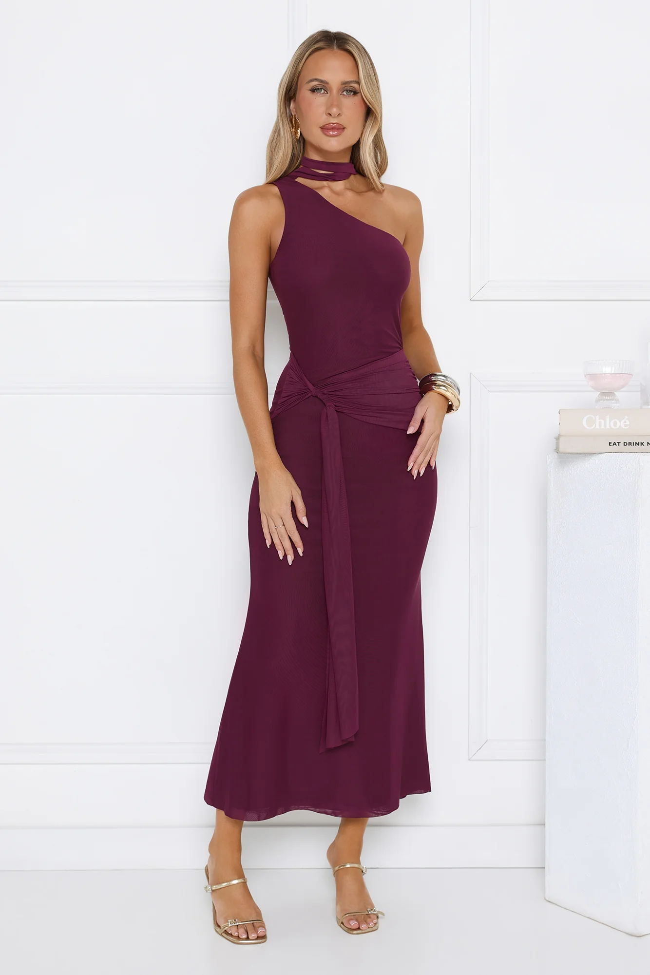 Aurora Elegance One Shoulder Mesh Maxi Dress Plum