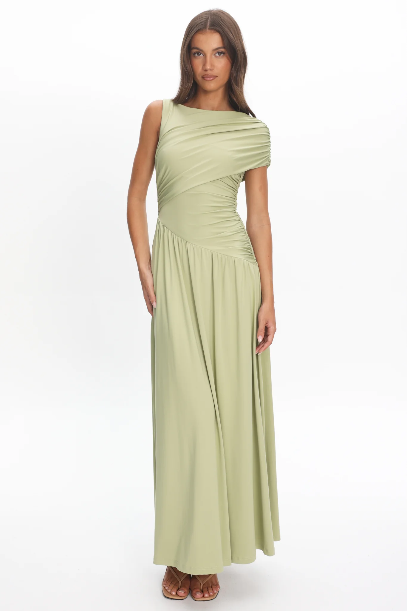 Adiel Ruched Asymmetric Waist Maxi Dress Olive