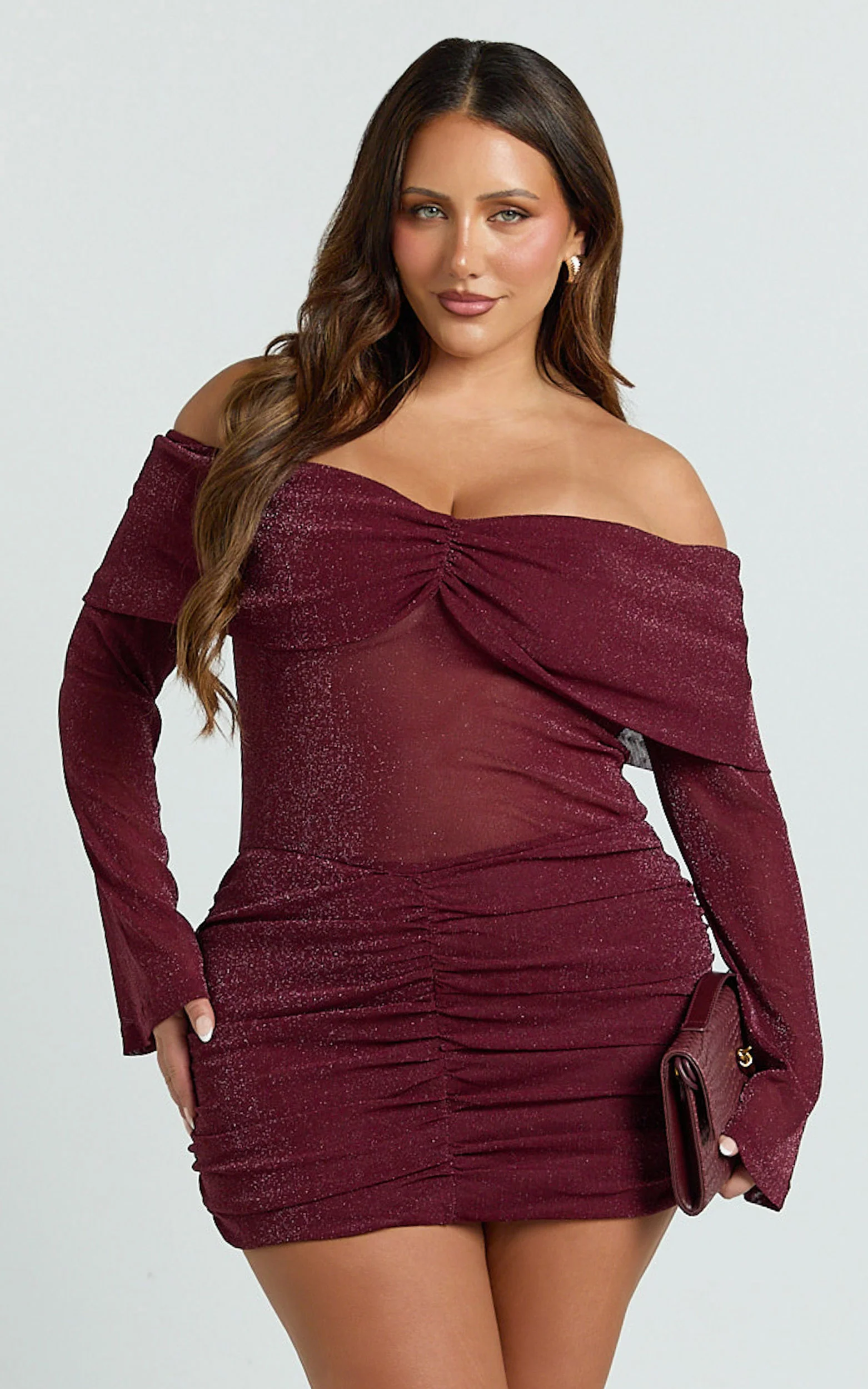 Rumi Mini Dress - Glitter Tulle Off Shoulder Ruched Dress in Wine