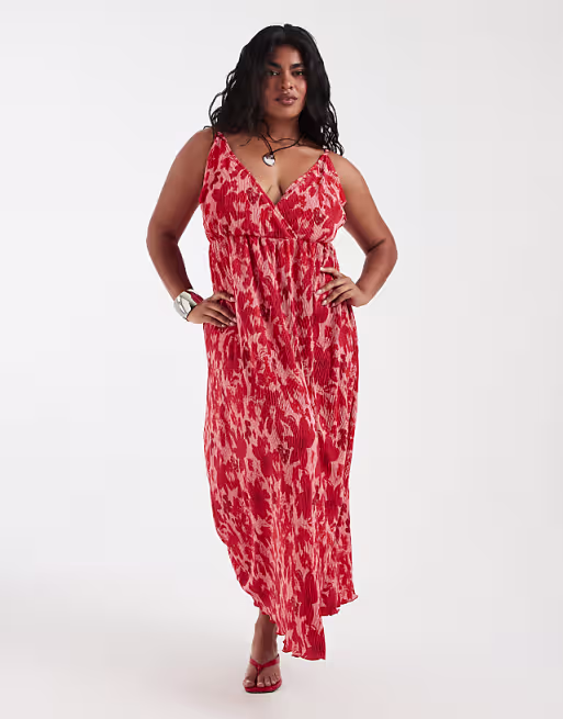 PIECES Curve wrap detail cami plisse maxi dress in pink and red floral print