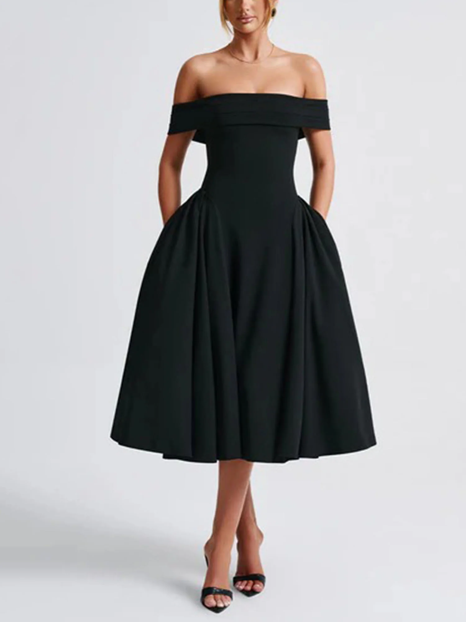 Black Off-Shoulder Vintage-Inspired Midi Dress