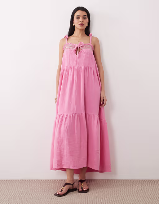 Iisla & Bird beach maxi dress with shirred detailing in pink