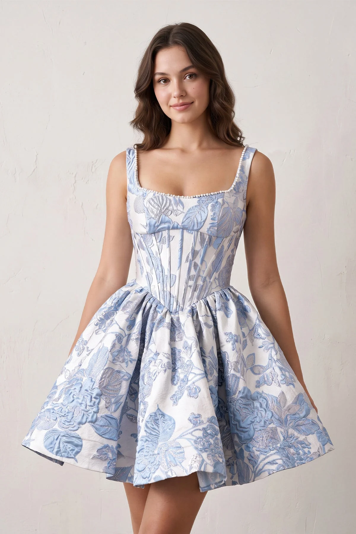 Blue A-Line Square Neck Jacquard Corset Homecoming Dress With Pearl