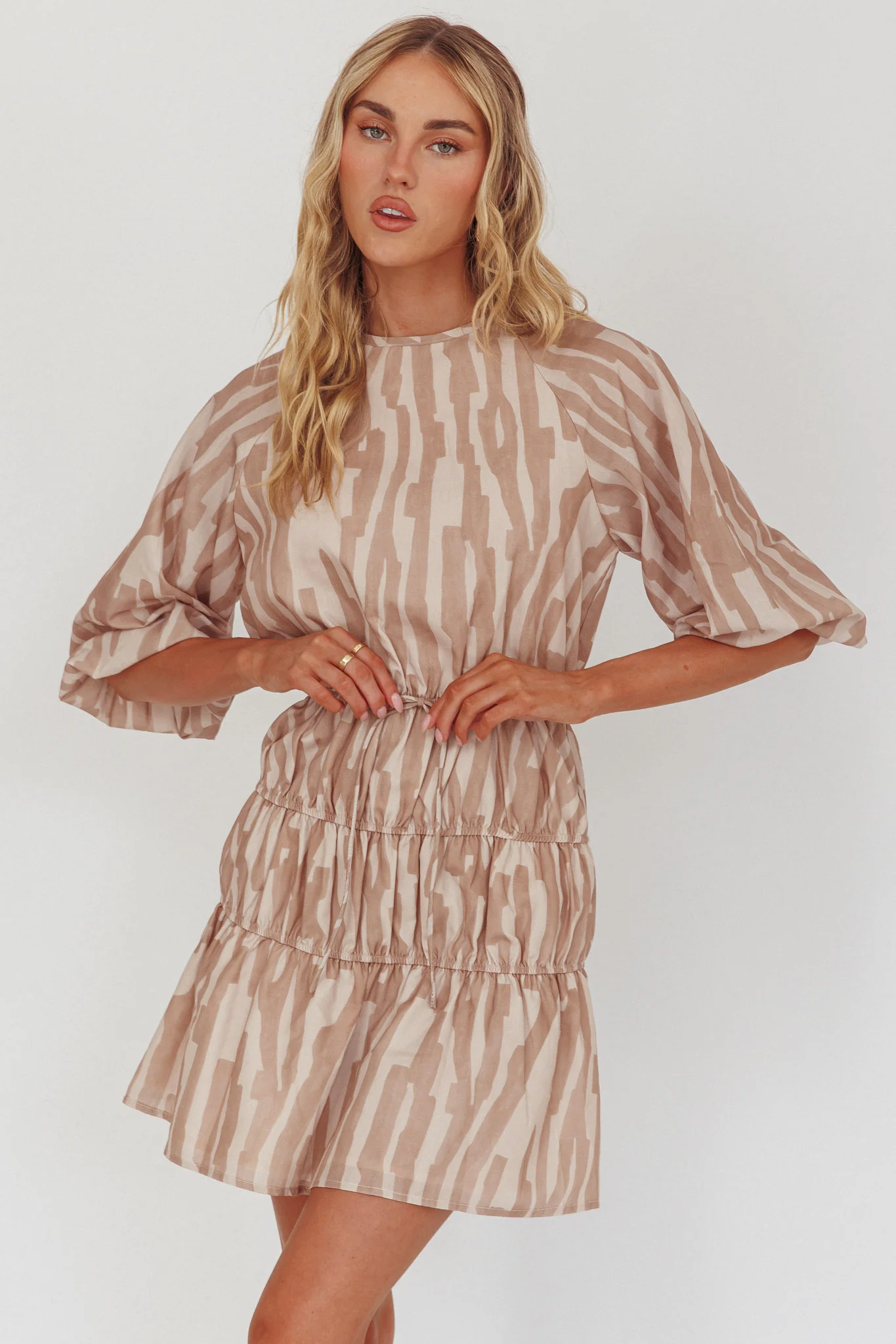 Ezriah Puff Sleeve Mini Dress Print Coffee