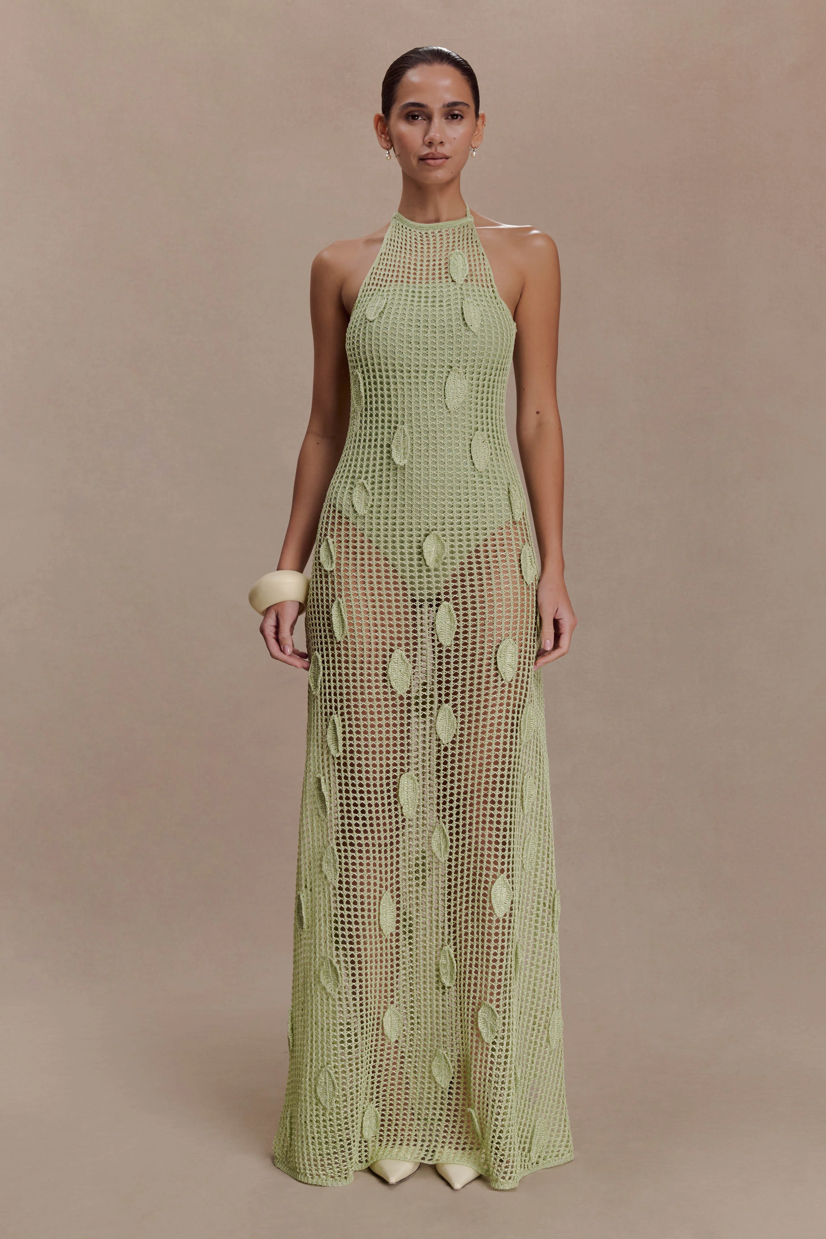 Elfie Crochet Halter Maxi Dress - Pastel Green