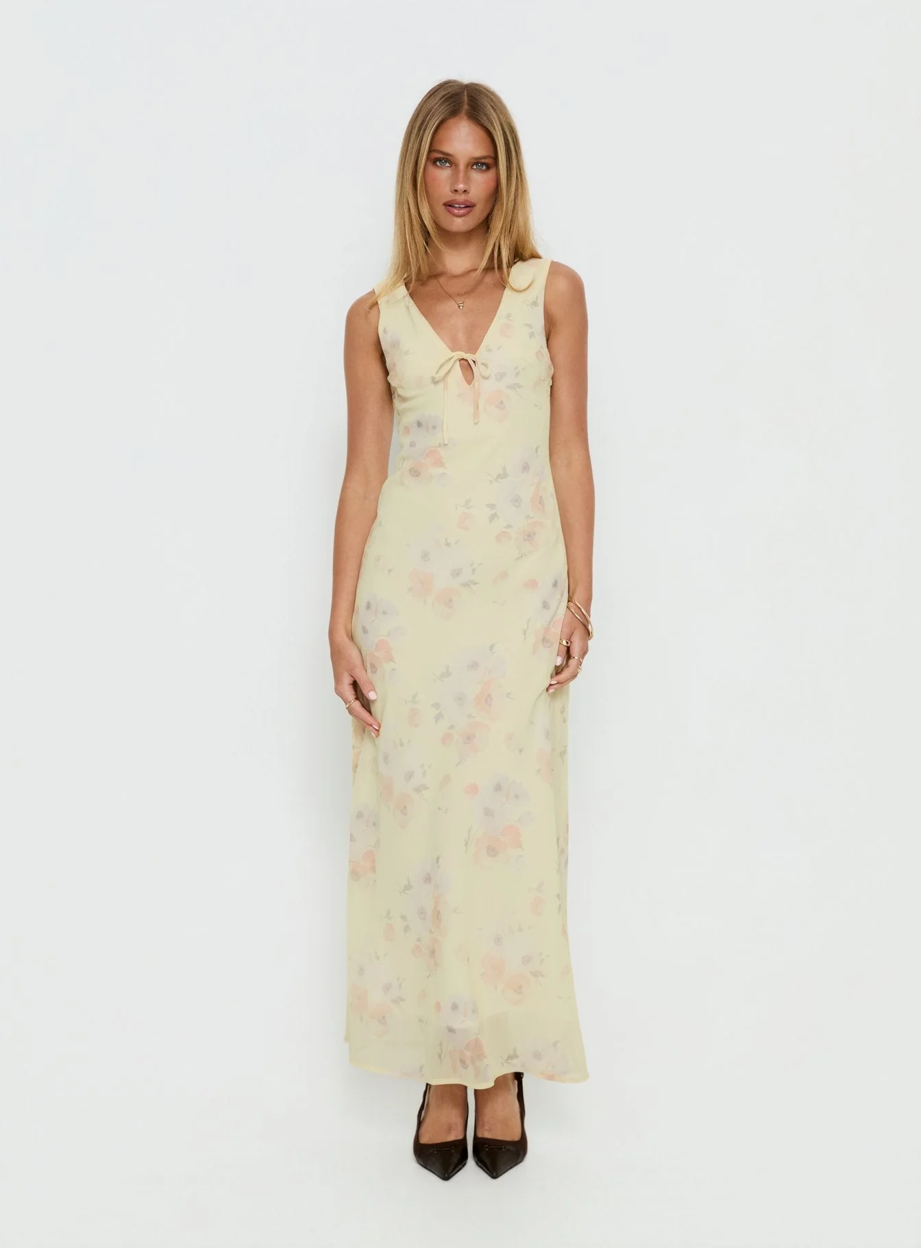 Joannah V Neck Midi Dress Yellow Floral