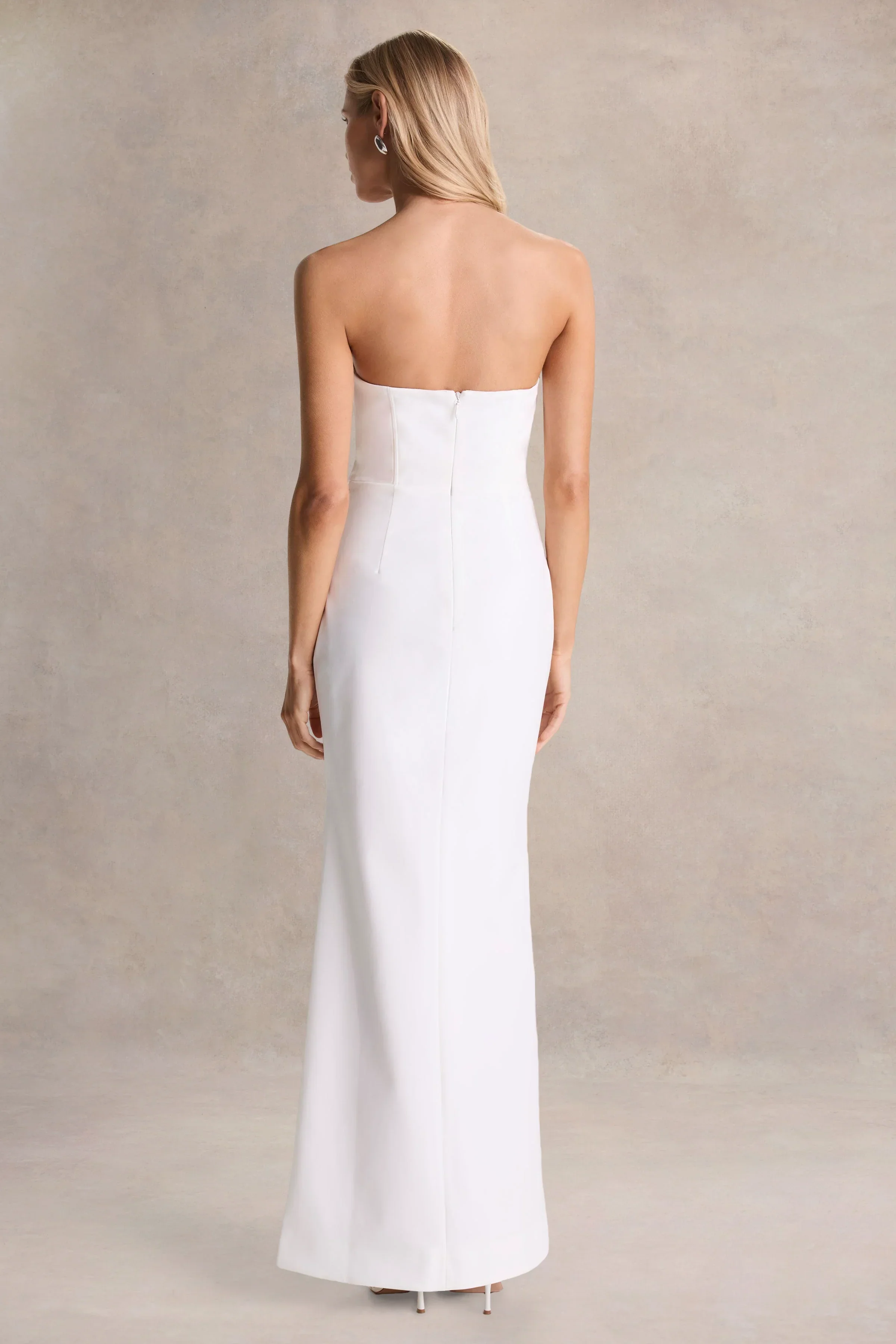 Dreamy Whispers | Cream Strapless Ruffle Split Maxi Dress