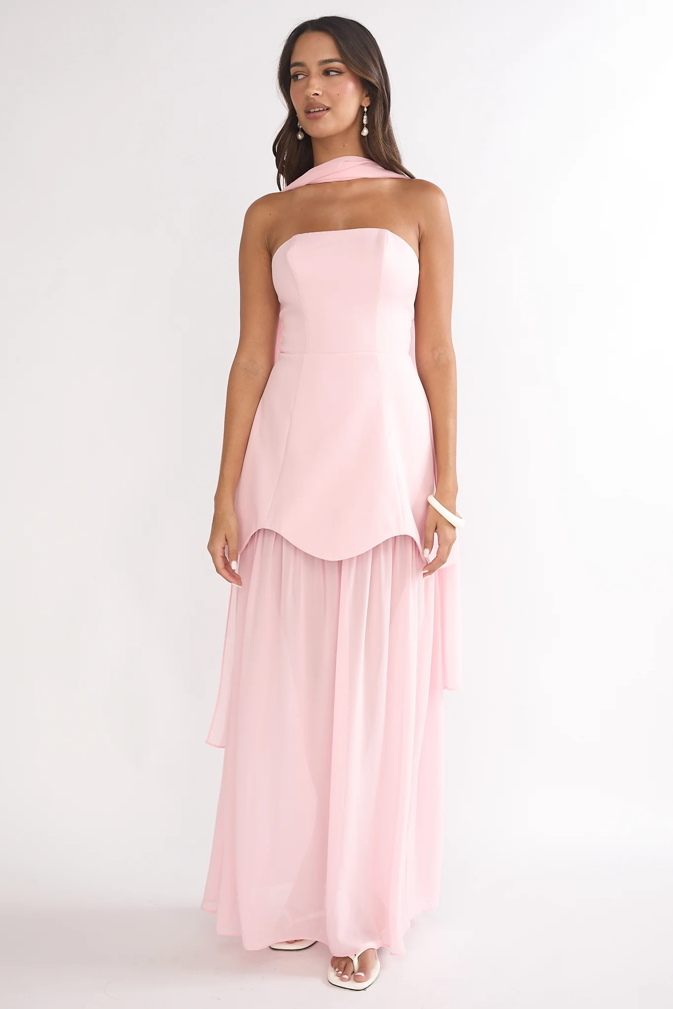 Poema Scalloped Sheer Hem Maxi Dress Pink