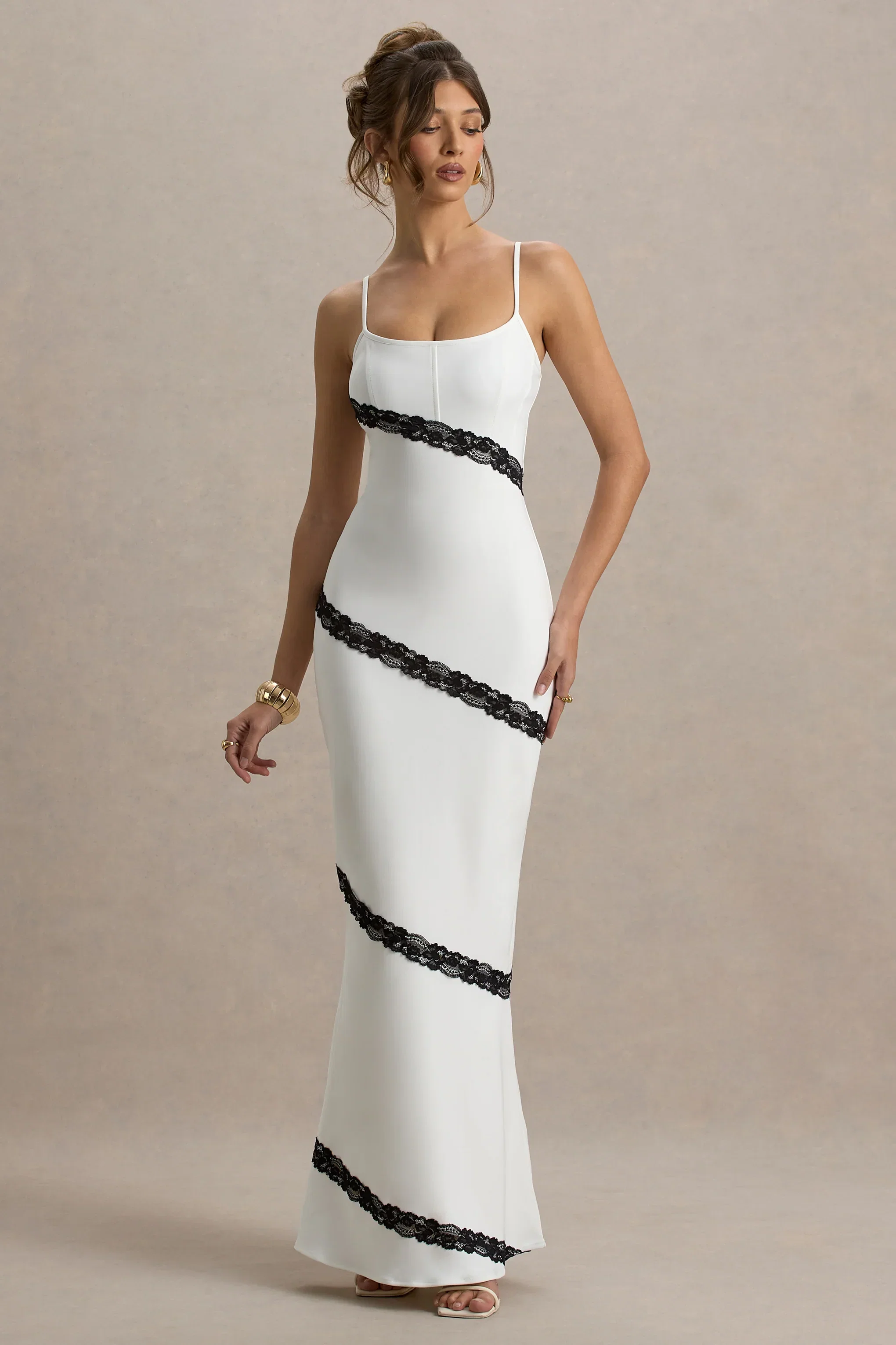 Elizabeth | White & Black Strappy Lace-Trimmed Maxi Dress