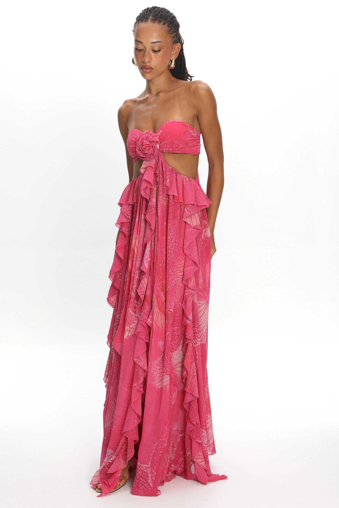 Santiago Cut-Out Ruffle Maxi Dress Print Pink - luluinthesky
