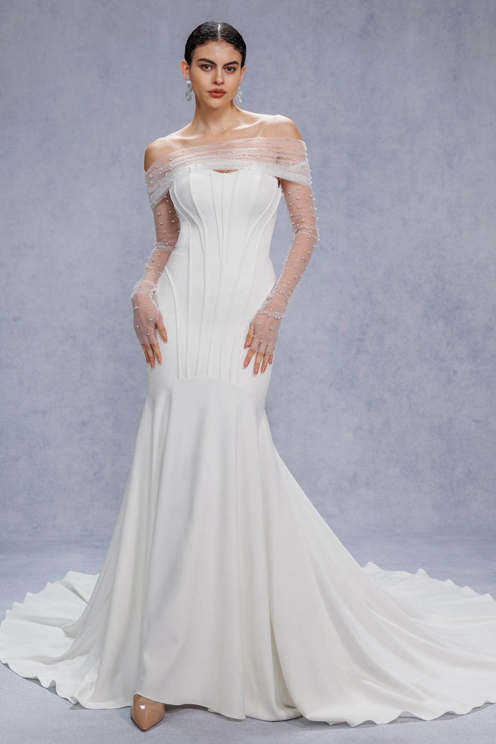 Trumpet-Mermaid Court Train Stretch Satin Wedding Dress CW3332