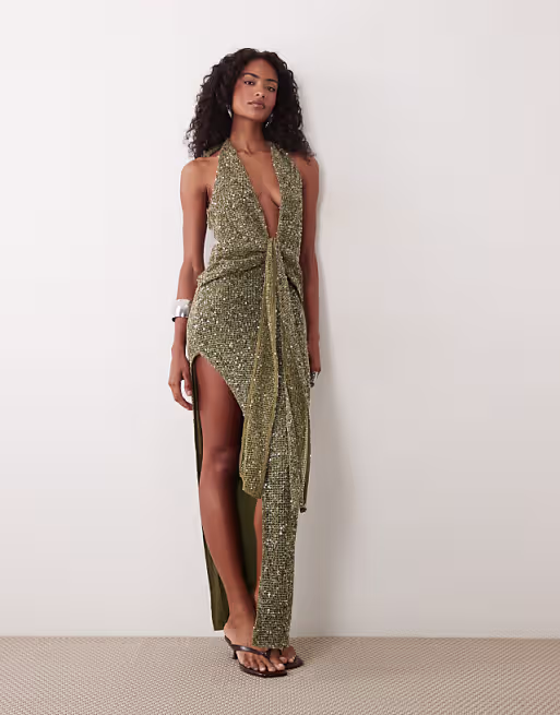 Murci halterneck plunge drape knot detail knit sequin maxi dress in khaki